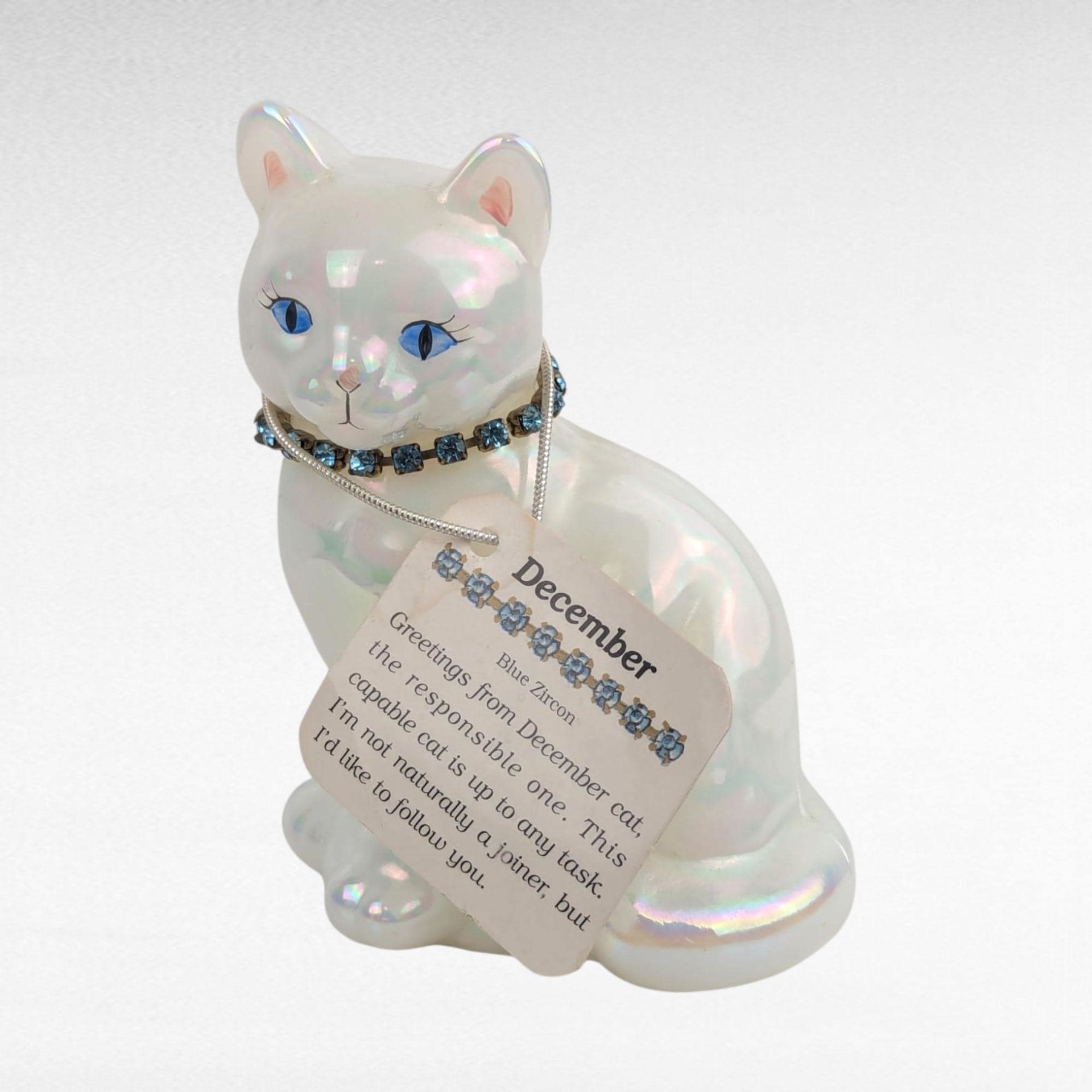 Vintage Signed Fenton December Opalecent Cat Figurine Blue Zircon Collar Collectible Glass Animal Lover Gift