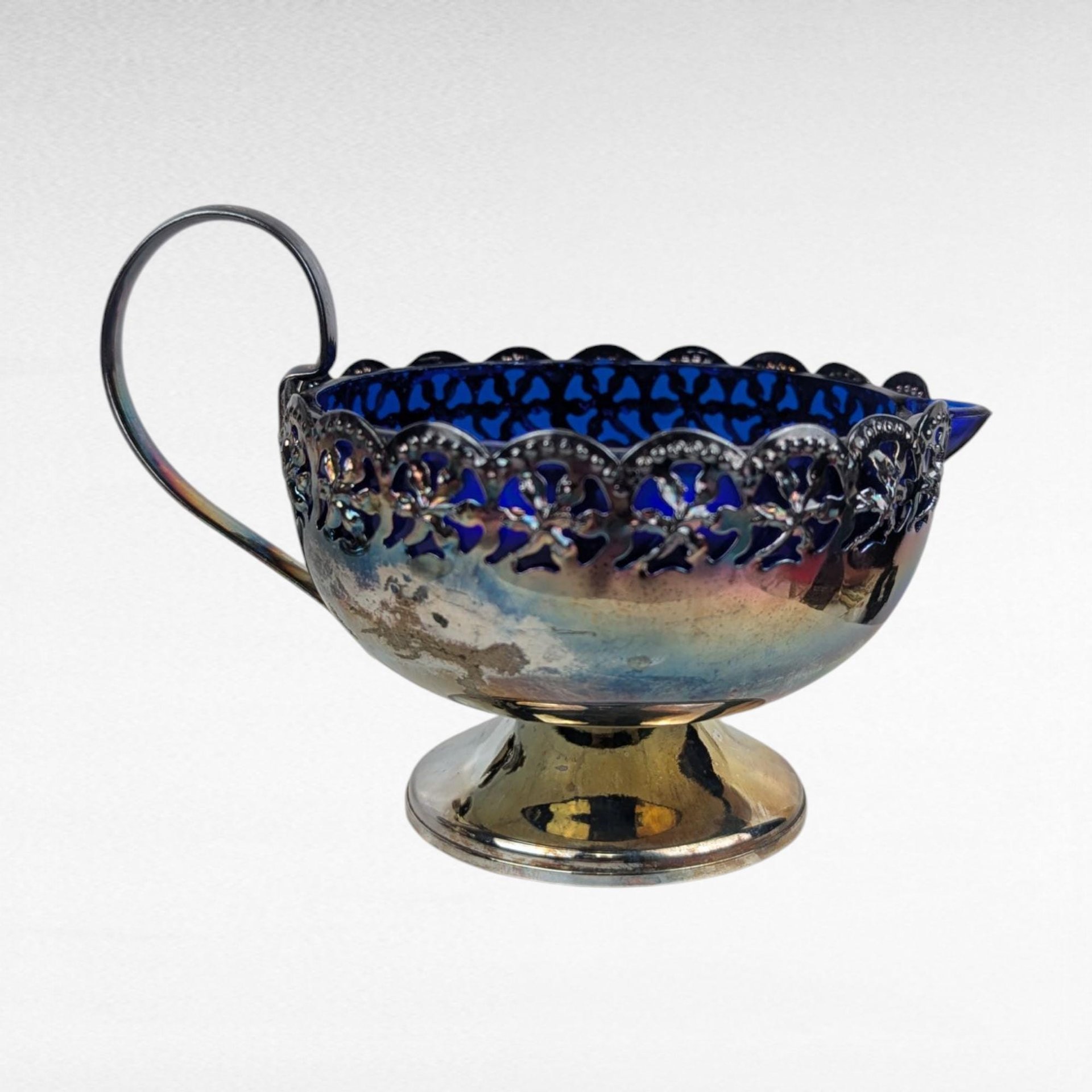 Vintage English Silverplated Blue Glass Creamer Sugar Bowl Set Celtic Design Tableware Gift for Hostess