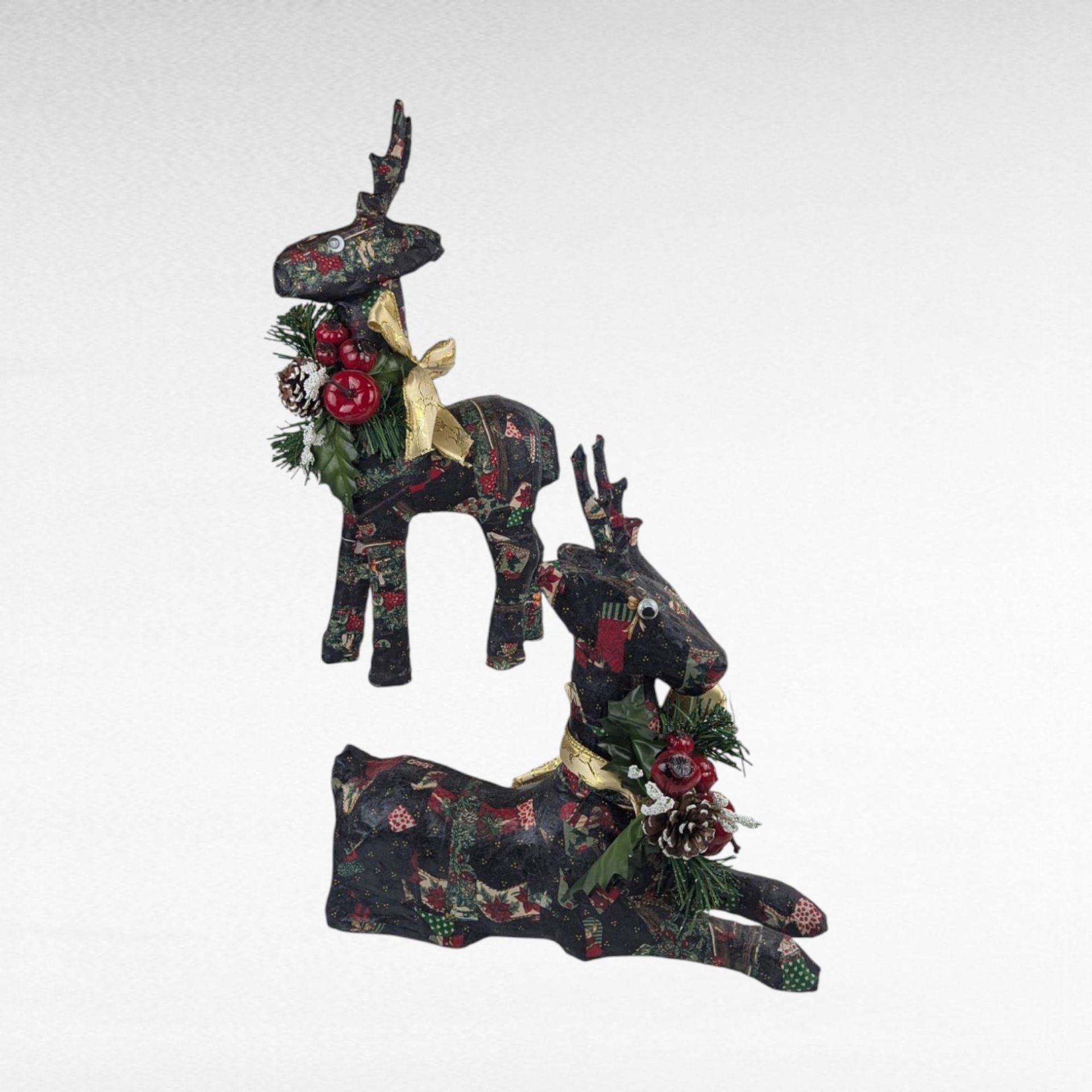 Vintage Paper Mache Reindeer Pair Holiday Figurines Christmas Mantel Decor Gift for Collector