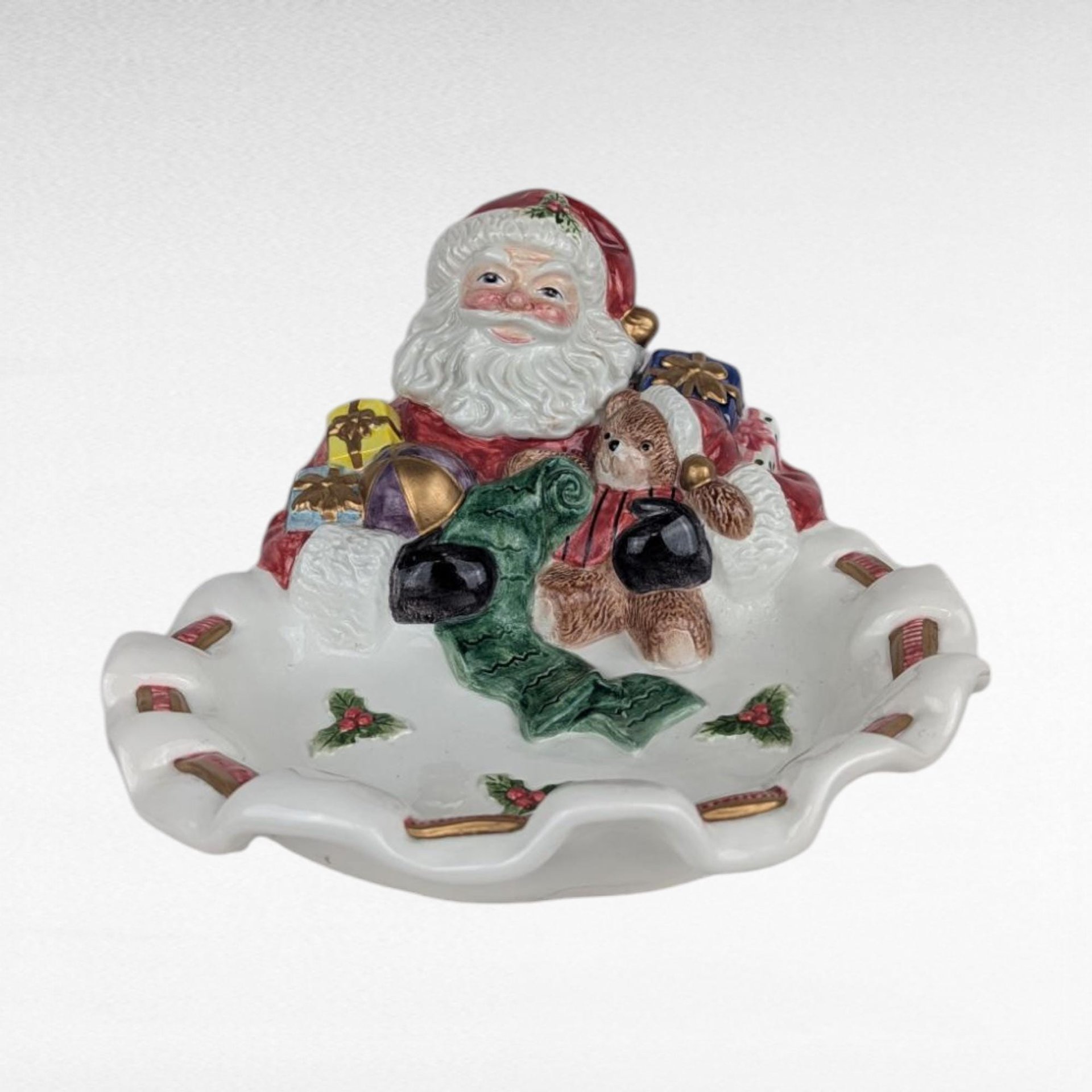 Vintage Fitz and Floyd Santa Candy Dish, Porcelain Christmas Serving Bowl, Holiday Decor