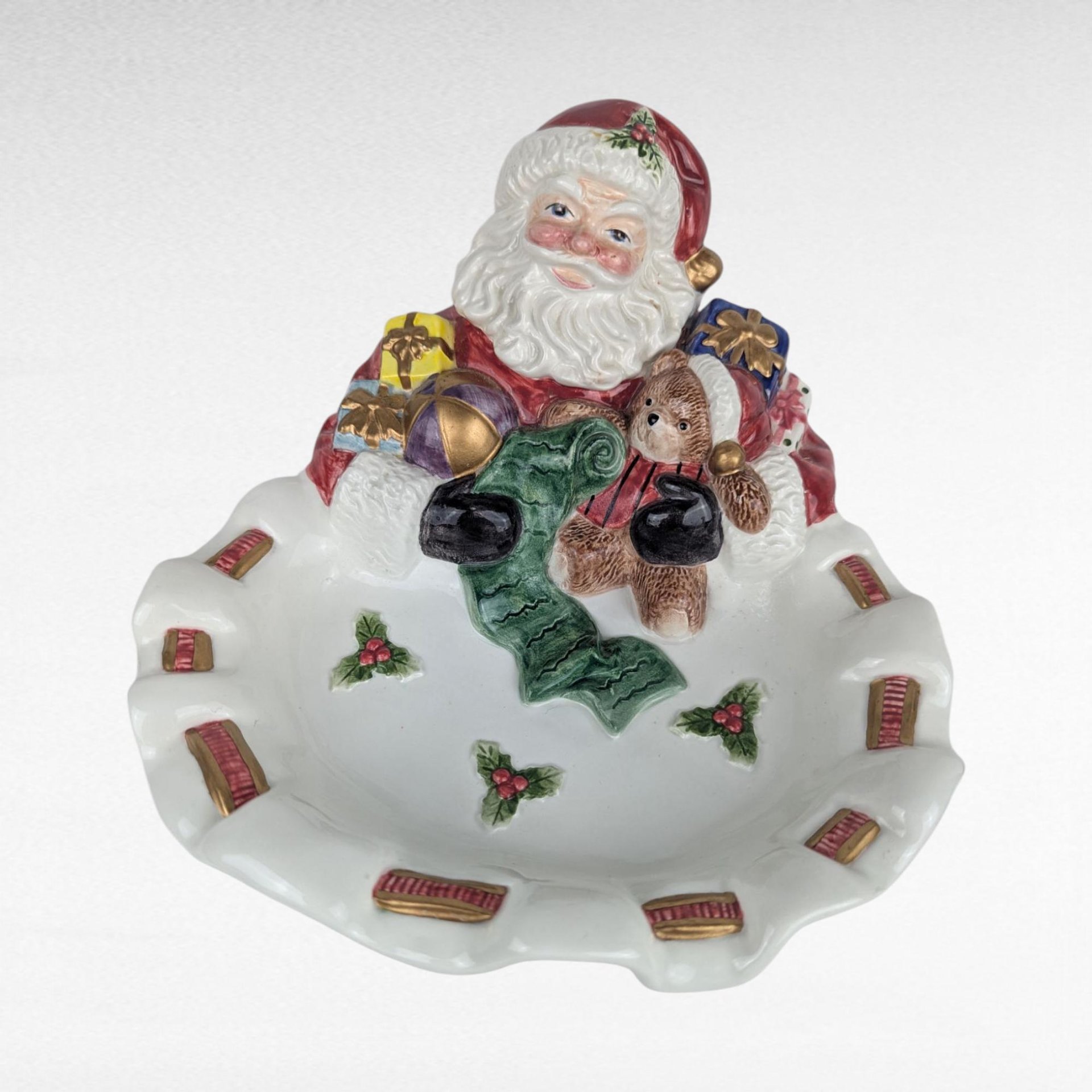 Vintage Fitz and Floyd Santa Candy Dish, Porcelain Christmas Serving Bowl, Holiday Decor