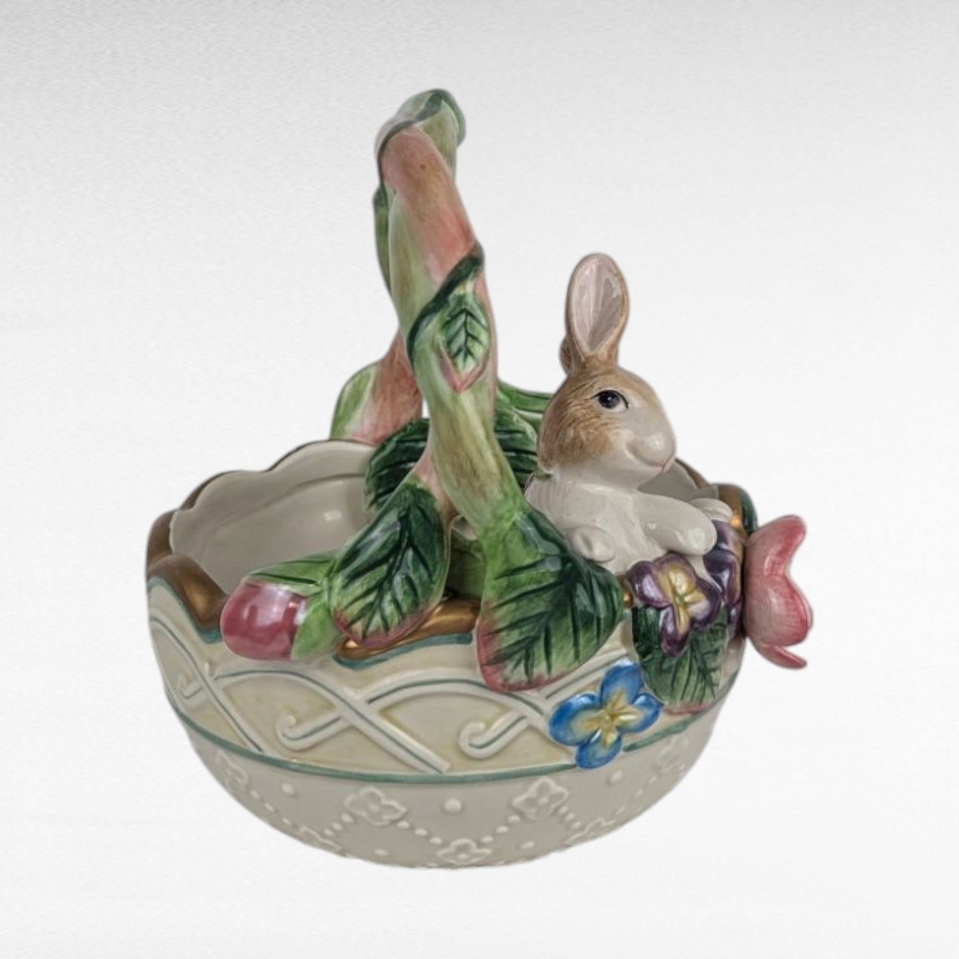 Vintage Fitz and Floyd Easter Basket, Garden Rhapsody Porcelain, Bunny Figurine, Floral Spring Decor, Collectible Basket, Whimsical Easter