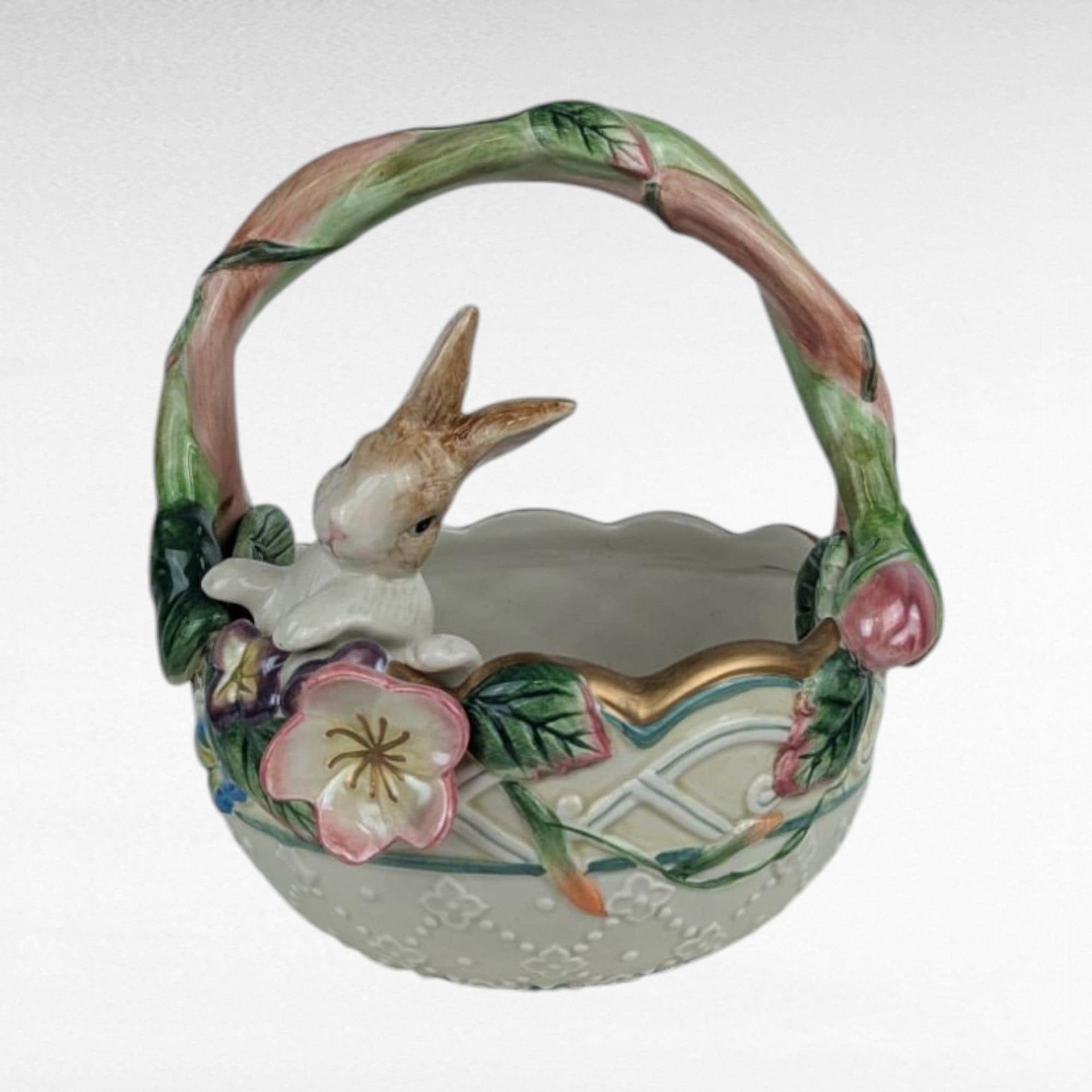 Vintage Fitz and Floyd Easter Basket, Garden Rhapsody Porcelain, Bunny Figurine, Floral Spring Decor, Collectible Basket, Whimsical Easter