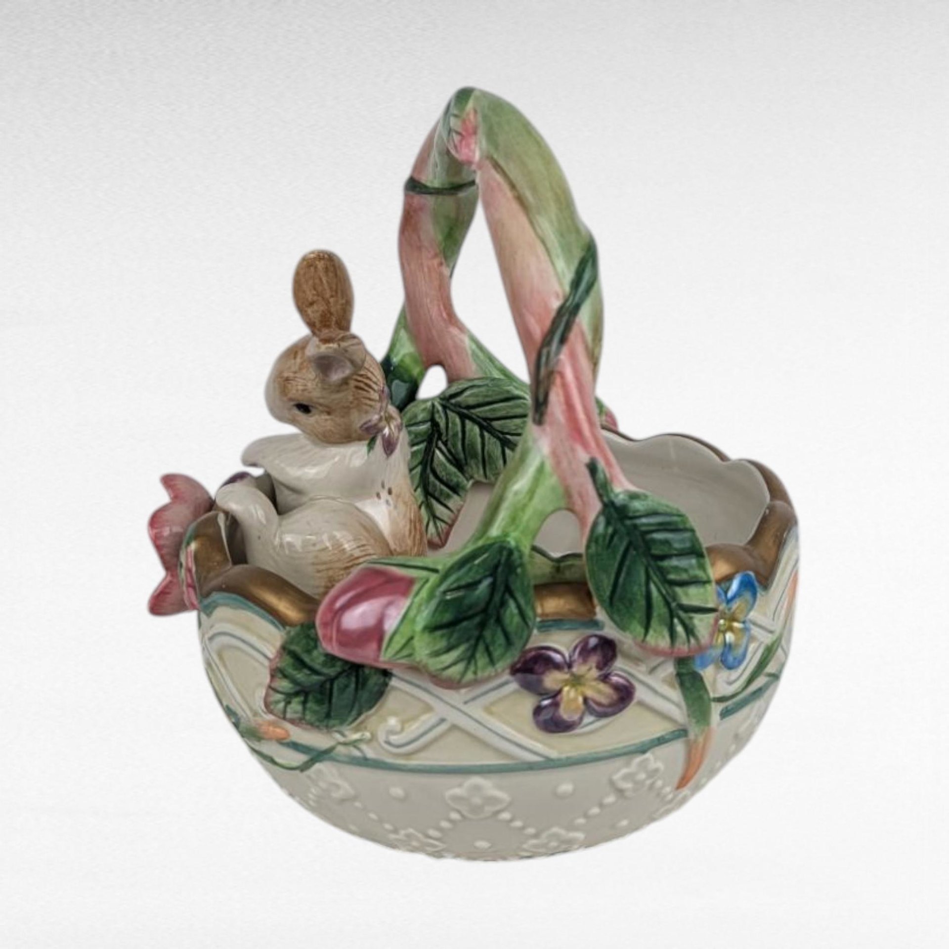 Vintage Fitz and Floyd Easter Basket, Garden Rhapsody Porcelain, Bunny Figurine, Floral Spring Decor, Collectible Basket, Whimsical Easter