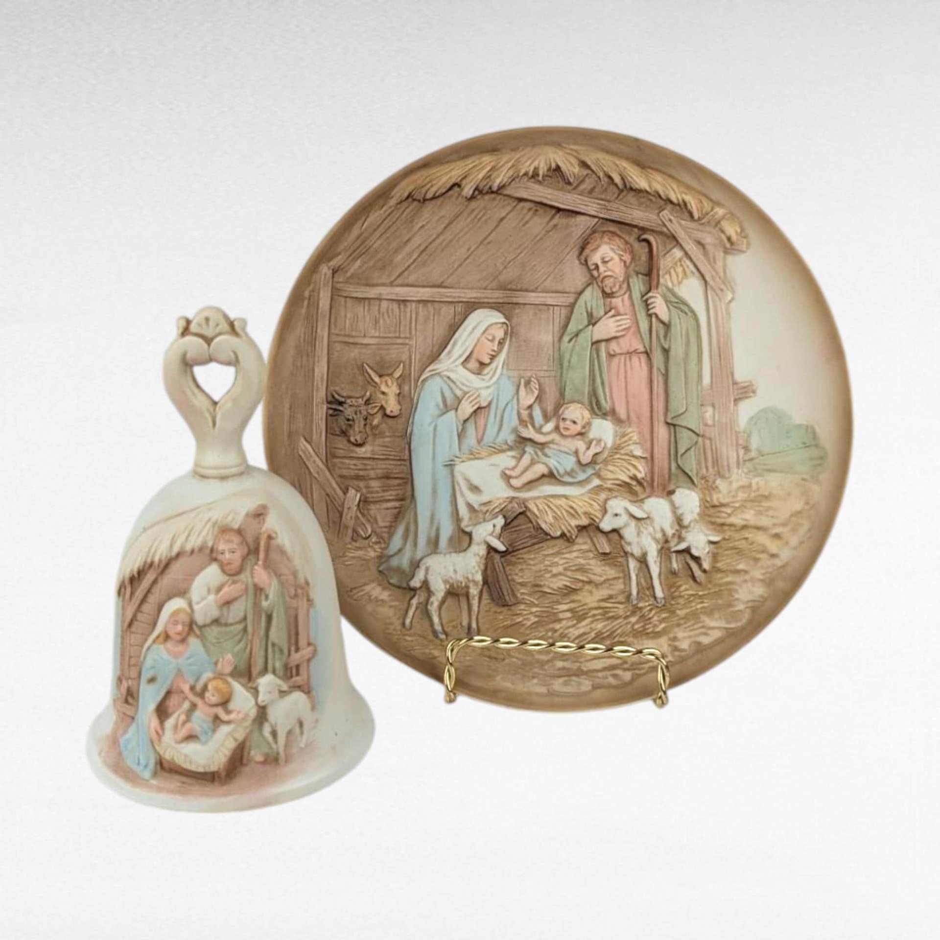 Vintage Homco Nativity Set, Ceramic Christmas Plate and Bell, Religious Holiday Decor, Gift for Christian