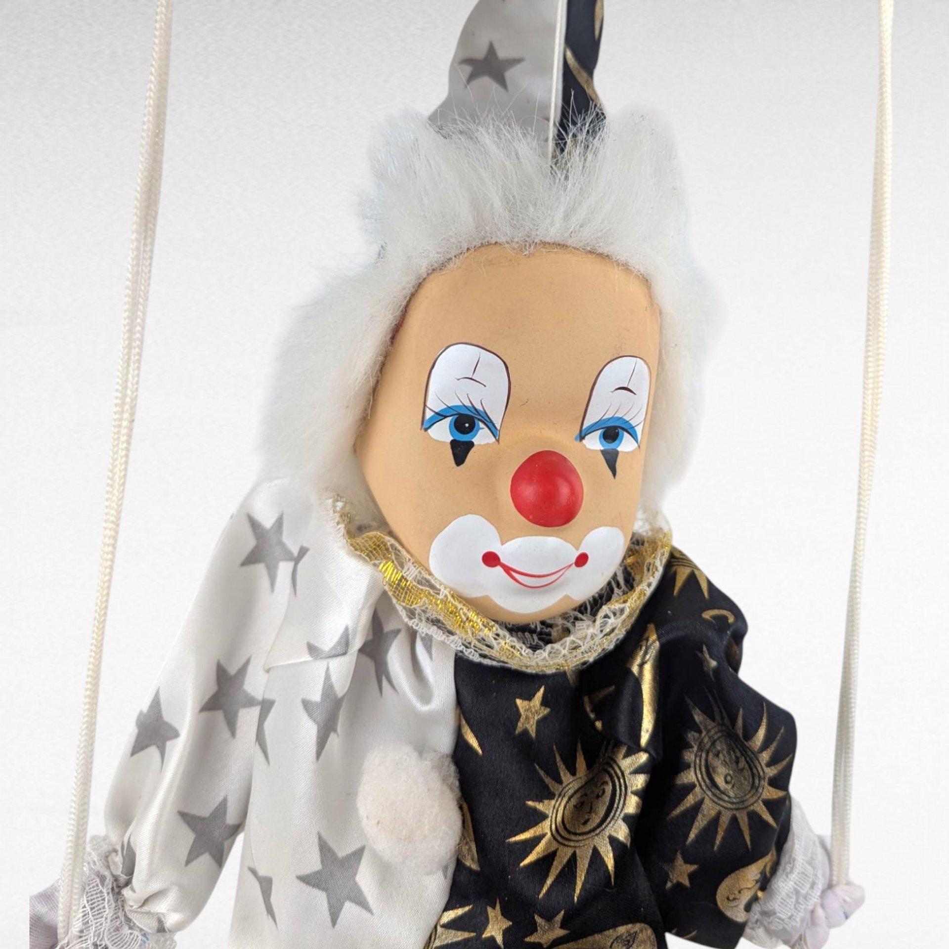 Vintage Moon and Stars Clown Doll, Black White Porcelain Swing Figure, Celestial Circus Decor, Collectible
