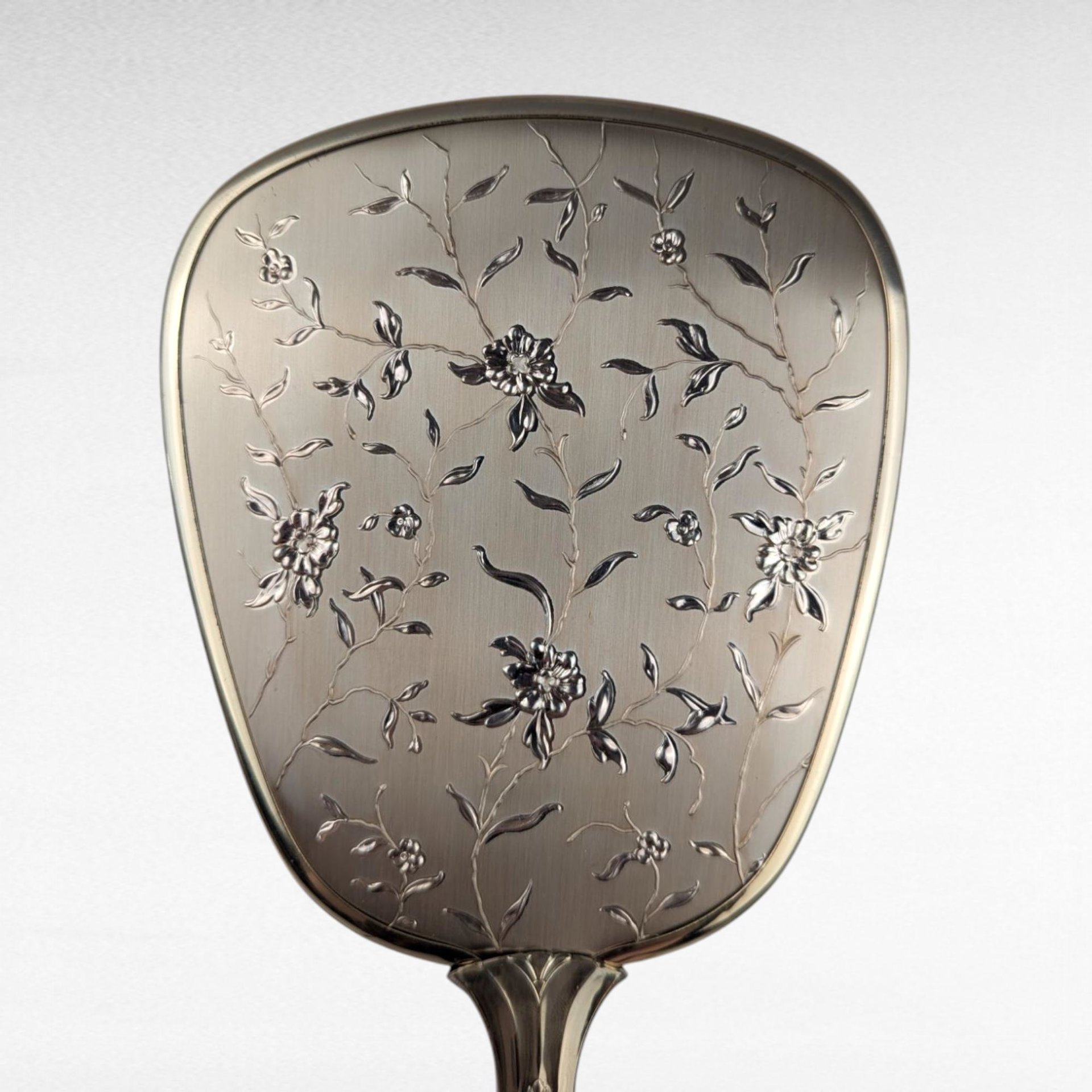 Vintage Vanity Mirror and Brush Set, Floral Engraved Dressing Table Set, Elegant Grooming Accessories, Unused Condition