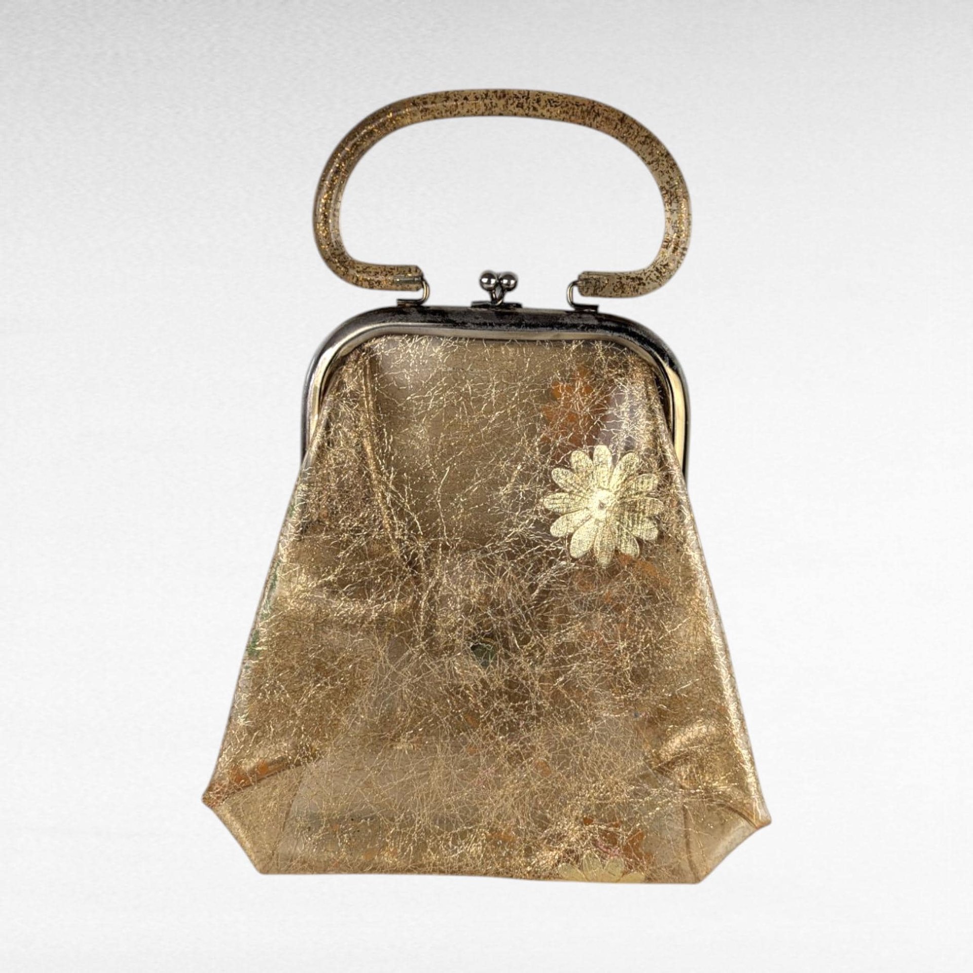 Vintage 1960s Gold Glitter Vinyl Purse with Coin Purse, Clear Handle Party Bag