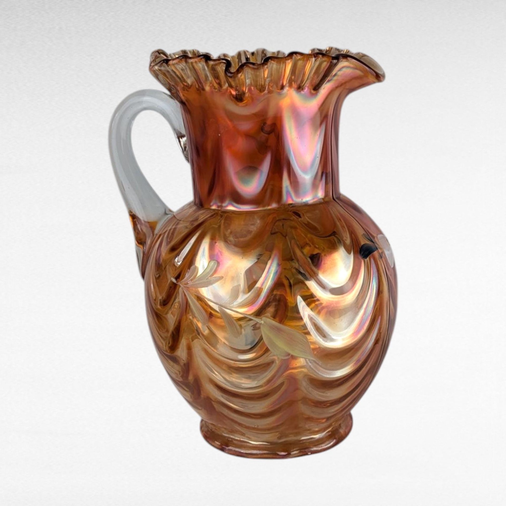Vintage Fenton Draped Marigold Pitcher, Carnival Glass Style, Hand-Painted Floral Pitcher, 9.5" Height, Gift for Collectors