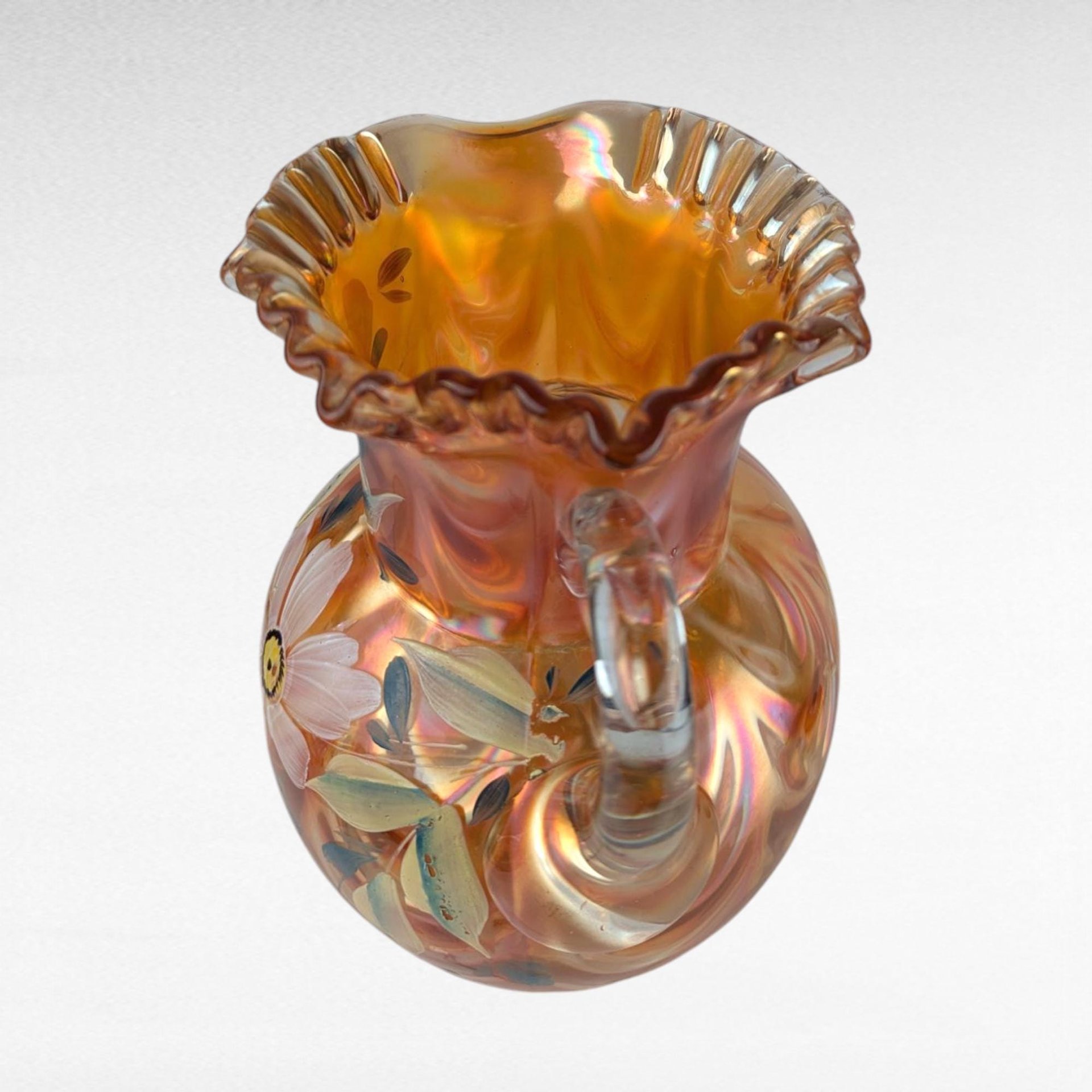 Vintage Fenton Draped Marigold Pitcher, Carnival Glass Style, Hand-Painted Floral Pitcher, 9.5" Height, Gift for Collectors