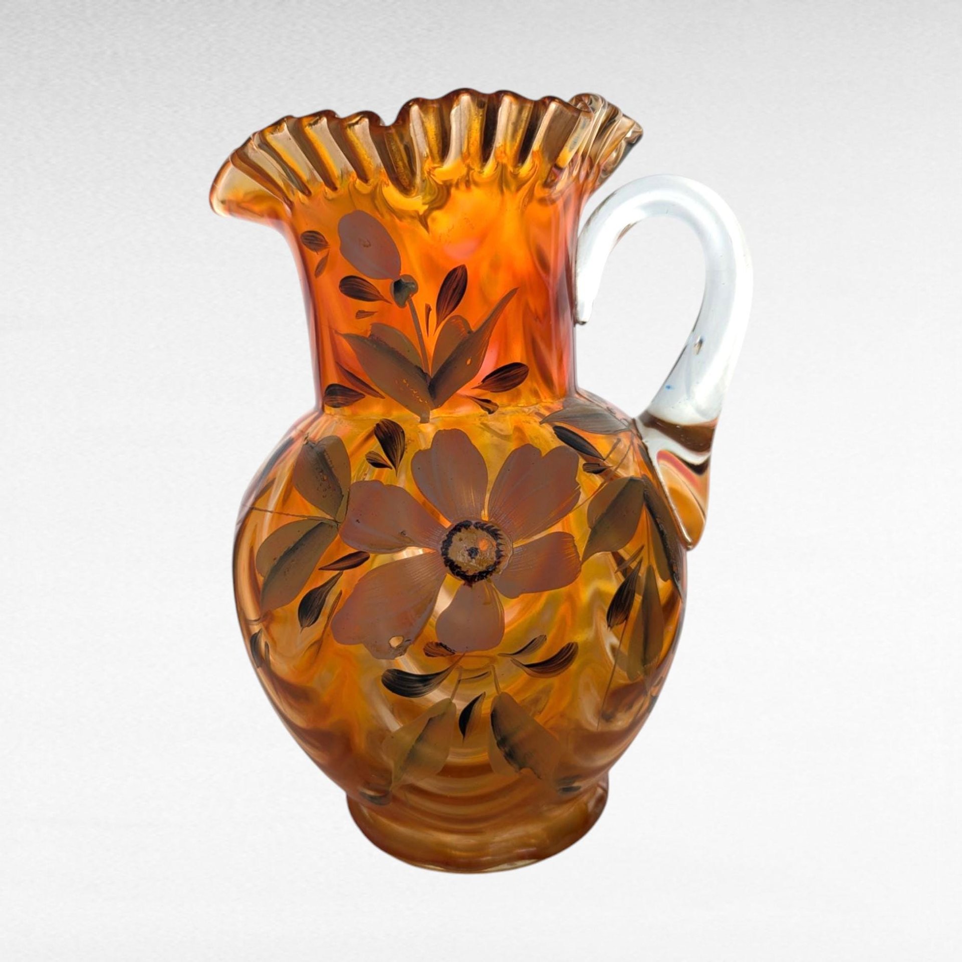 Vintage Fenton Draped Marigold Pitcher, Carnival Glass Style, Hand-Painted Floral Pitcher, 9.5" Height, Gift for Collectors