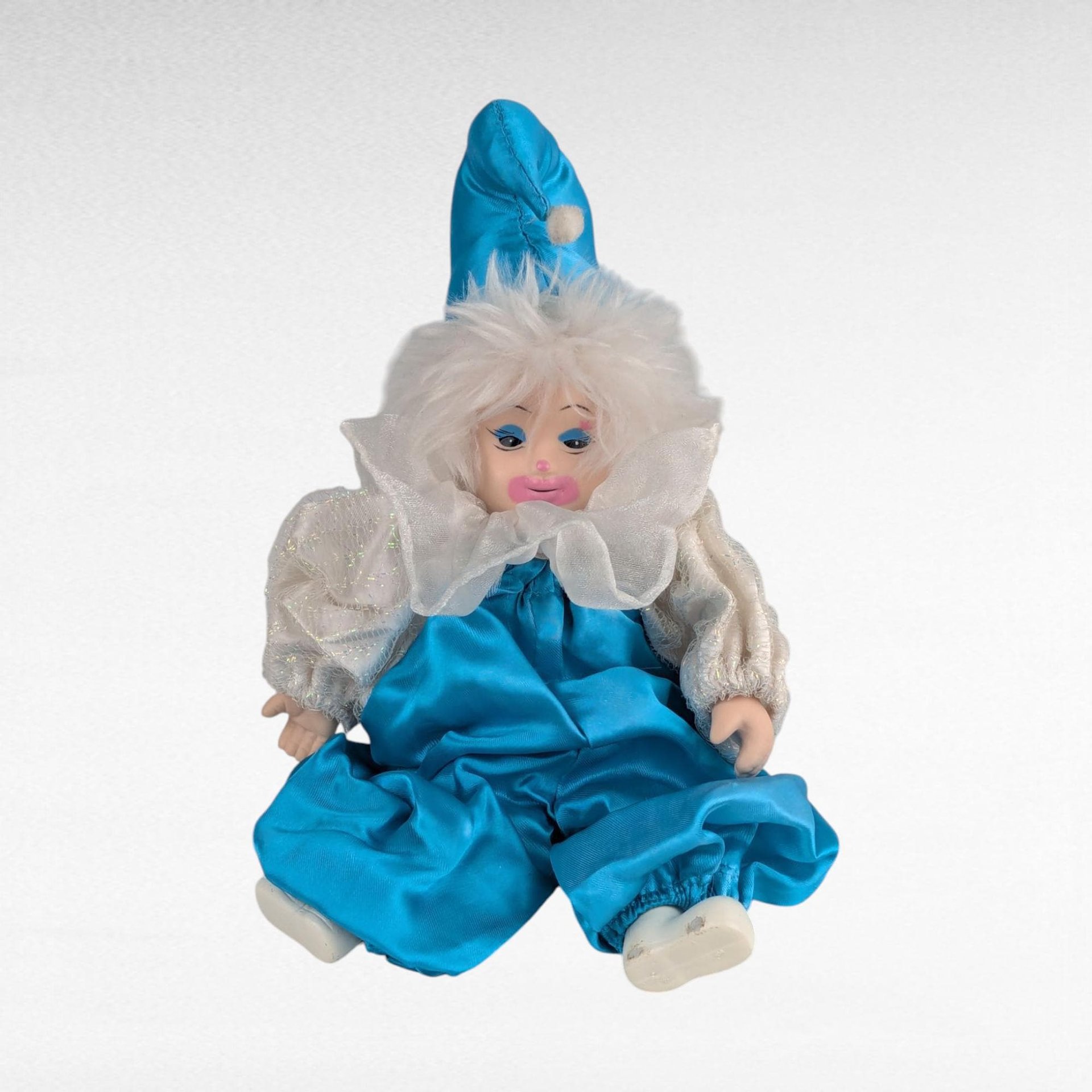 Vintage Porcelain Jester Doll, Blue White Clown Figurine, Collectible Display Doll, Unique Decor, Whimsical Gift