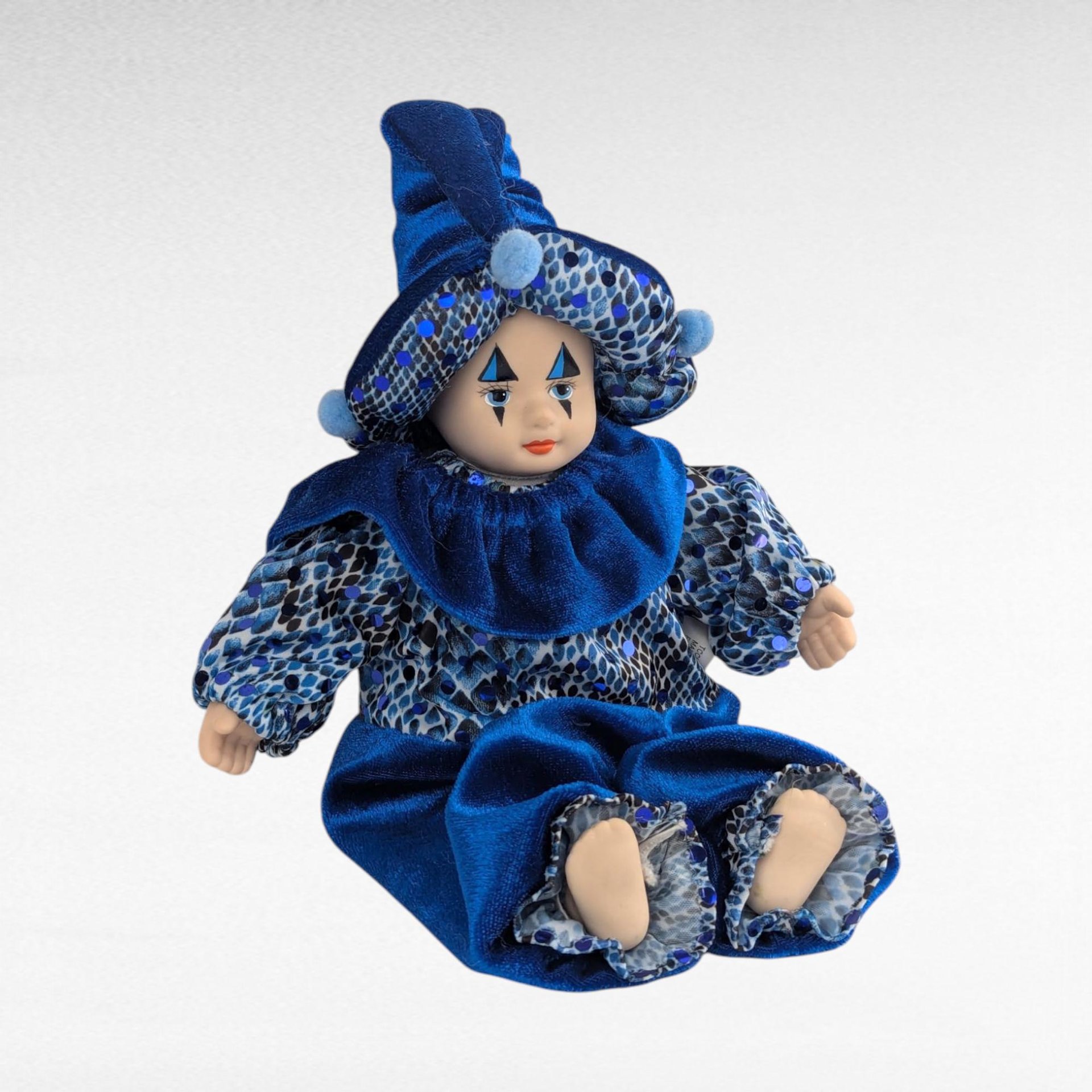 Vintage Blue Harlequin Doll, Porcelain Clown Baby, Collectible Figurine, Unique Decor, Whimsical Display