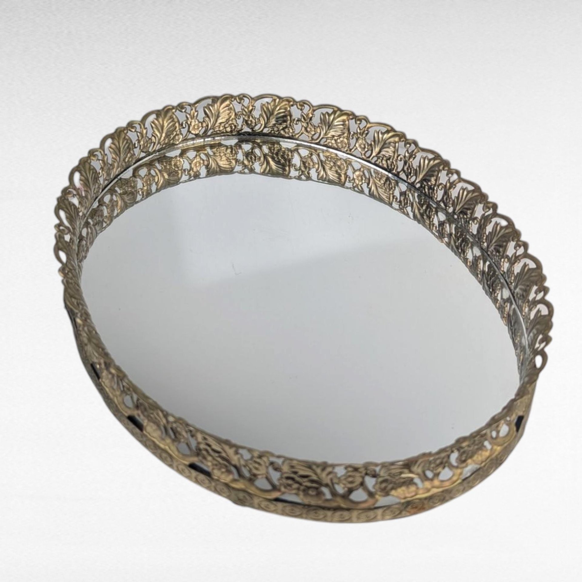 Vintage Gold Filigree Oval Mirror, Vanity Tray, Dresser Organizer, Perfume Display