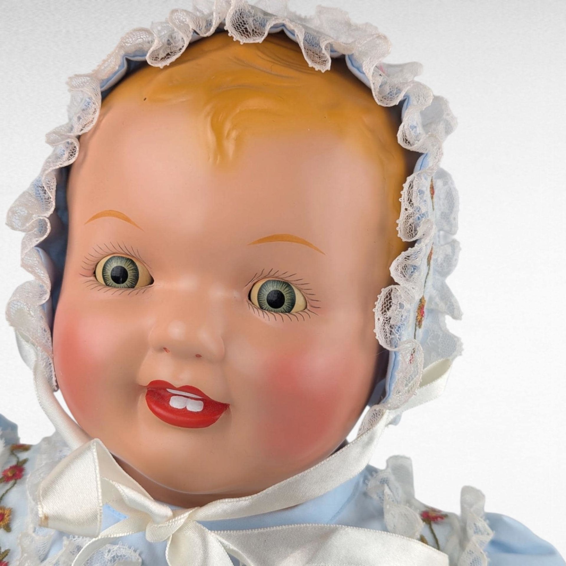 Blonde Baby Doll in Blue Dress and Bonnet, Large Vintage Doll with Moving Eyes and Sound
