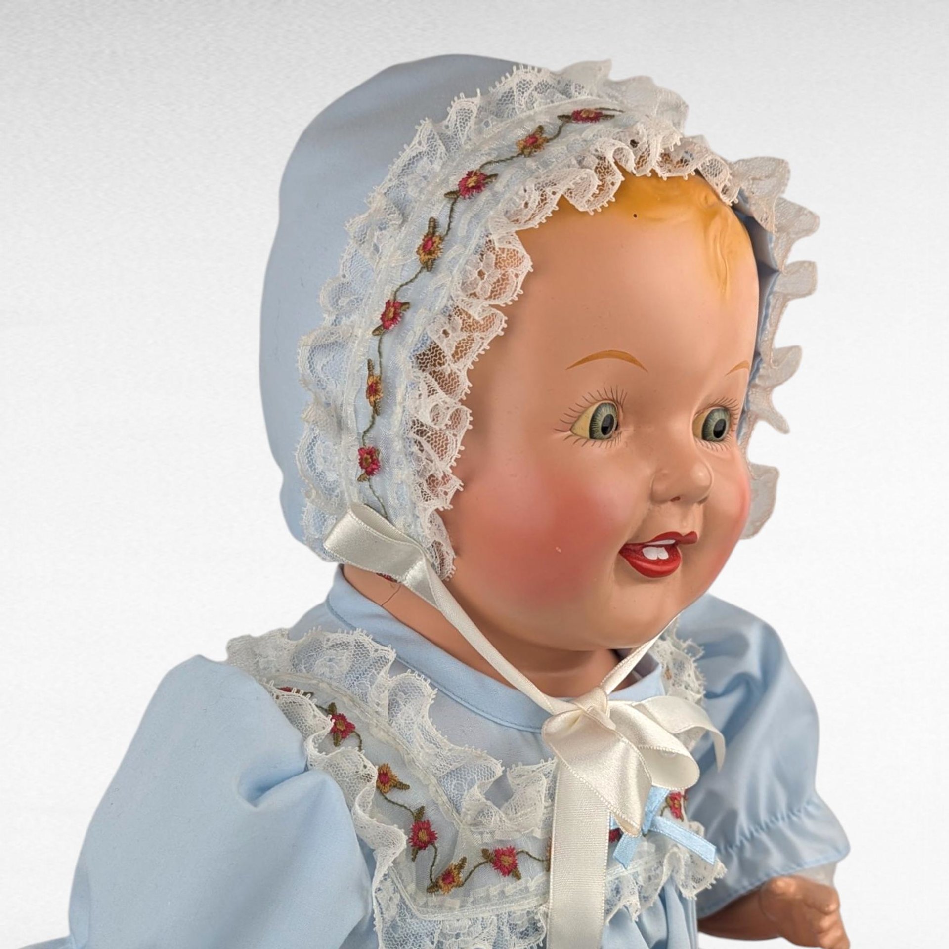 Blonde Baby Doll in Blue Dress and Bonnet, Large Vintage Doll with Moving Eyes and Sound