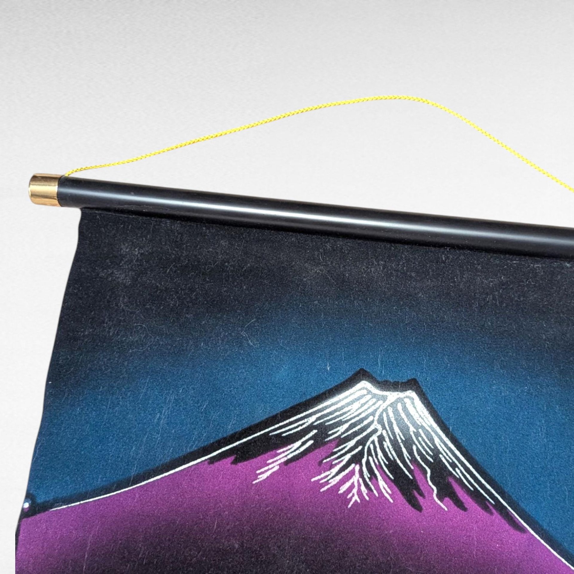 Vintage Japanese Scroll Mount Fuji Peacock Velvet Handpainted Wall Art