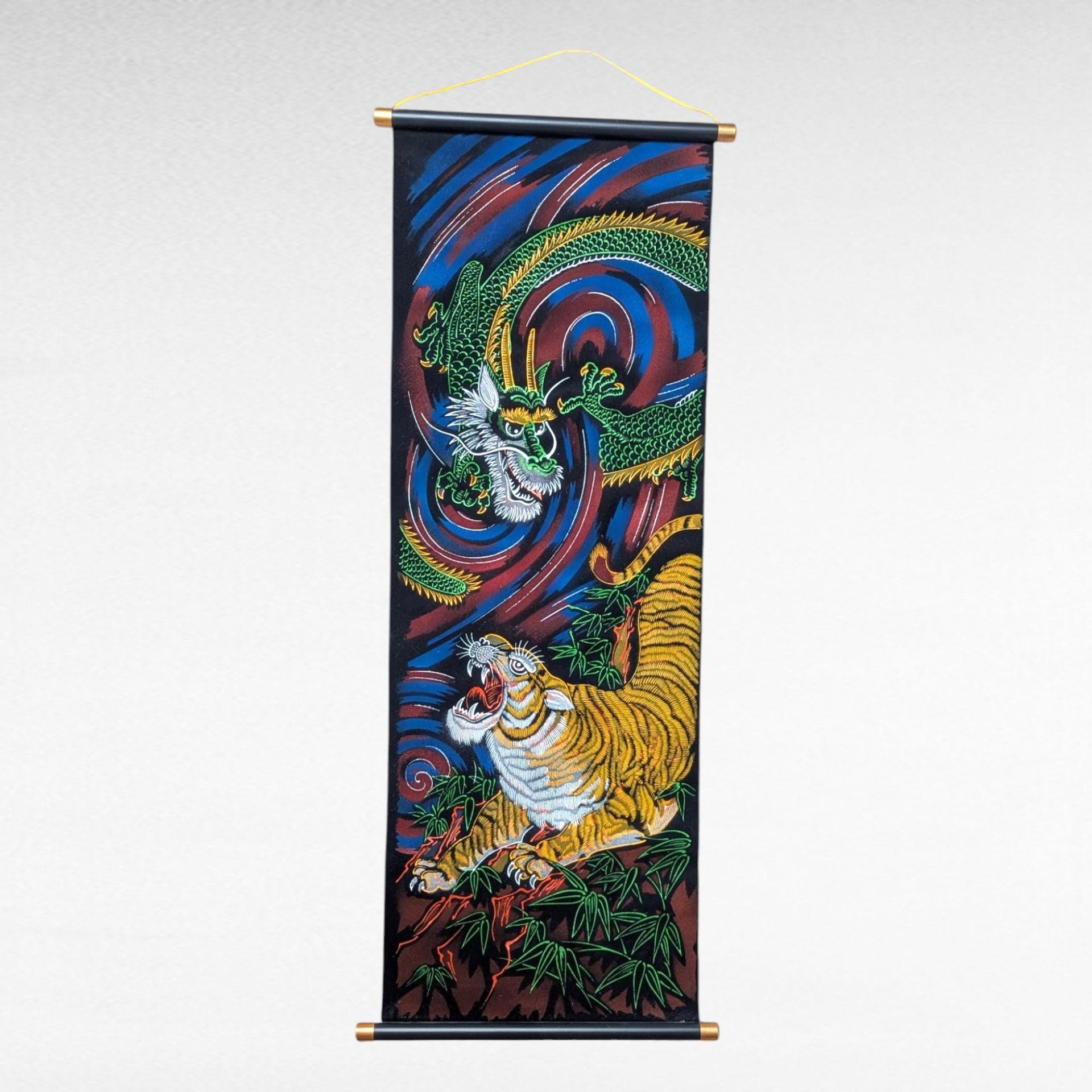 Vintage Japanese Dragon Tiger Velvet Handpainted Scroll Wall Art