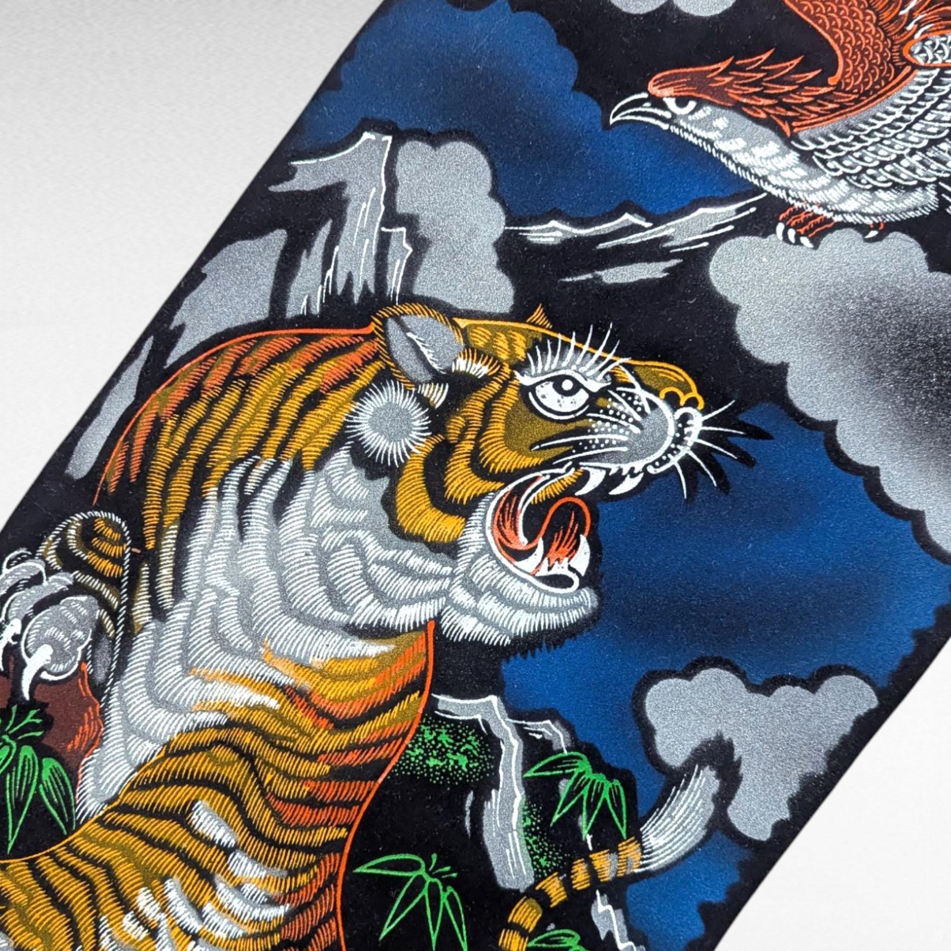 Vintage Japanese Tiger Eagle Velvet Handpainted Scroll Wall Art