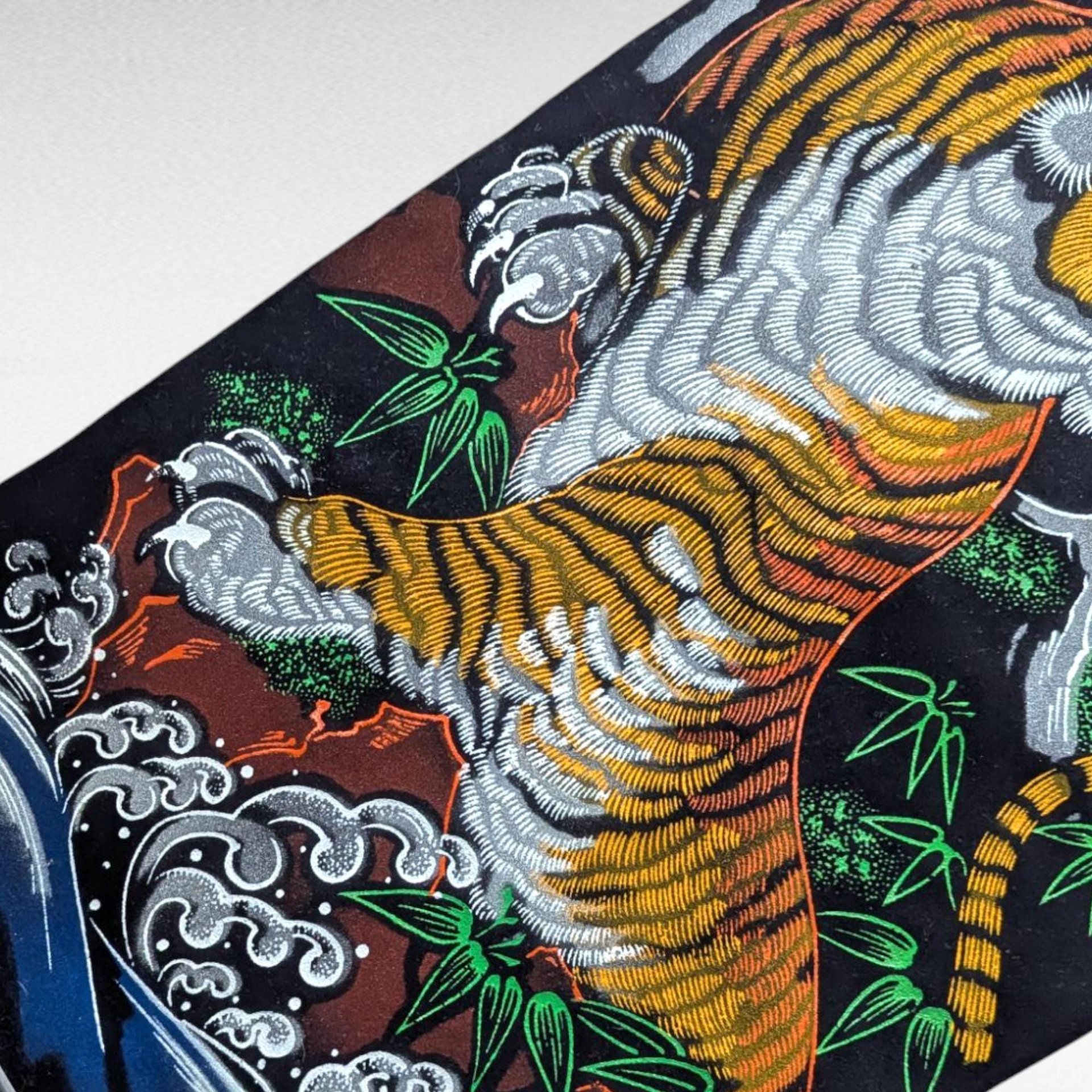 Vintage Japanese Tiger Eagle Velvet Handpainted Scroll Wall Art