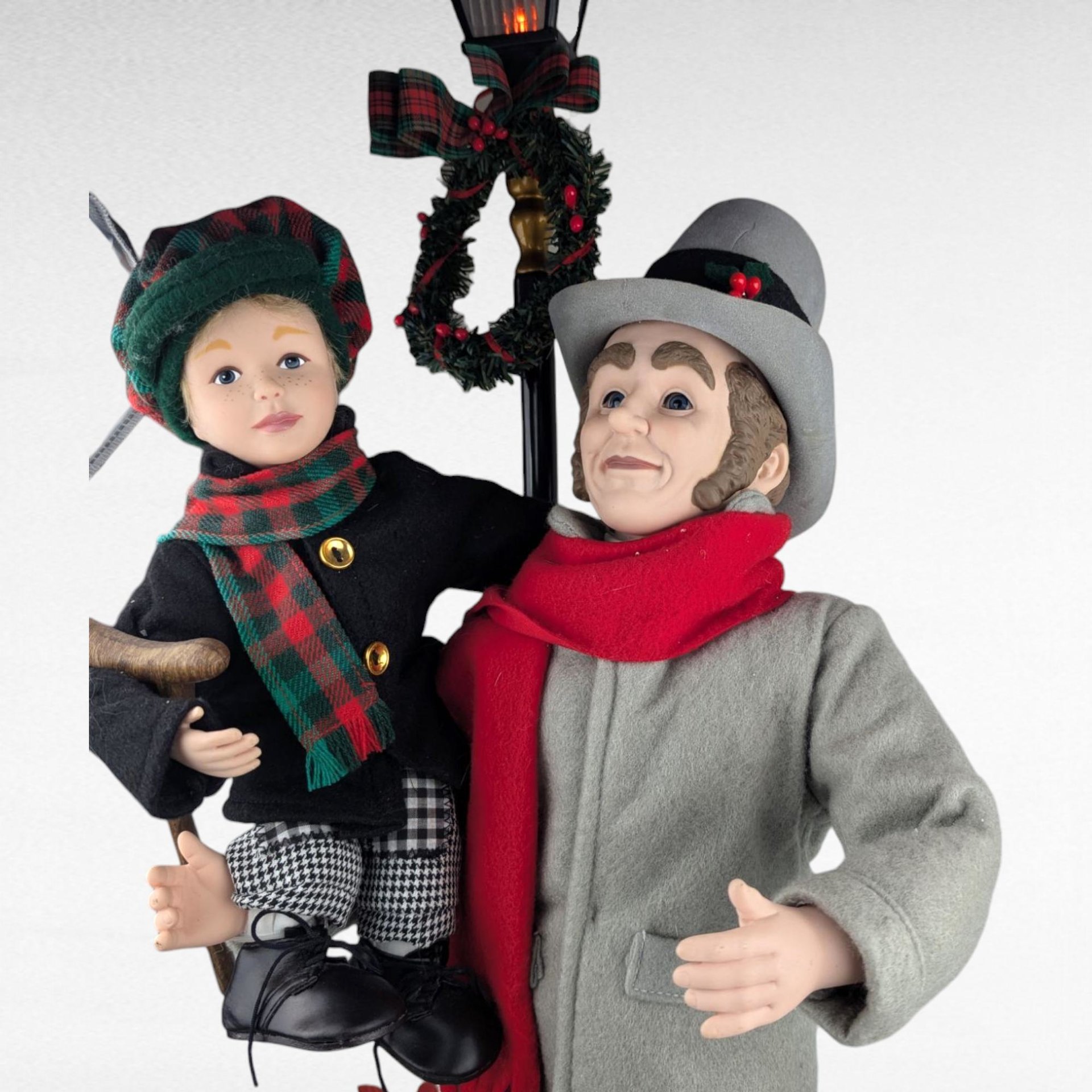 Vintage Animated Scrooge Tiny Tim Holiday Figure, Light Up, Moving