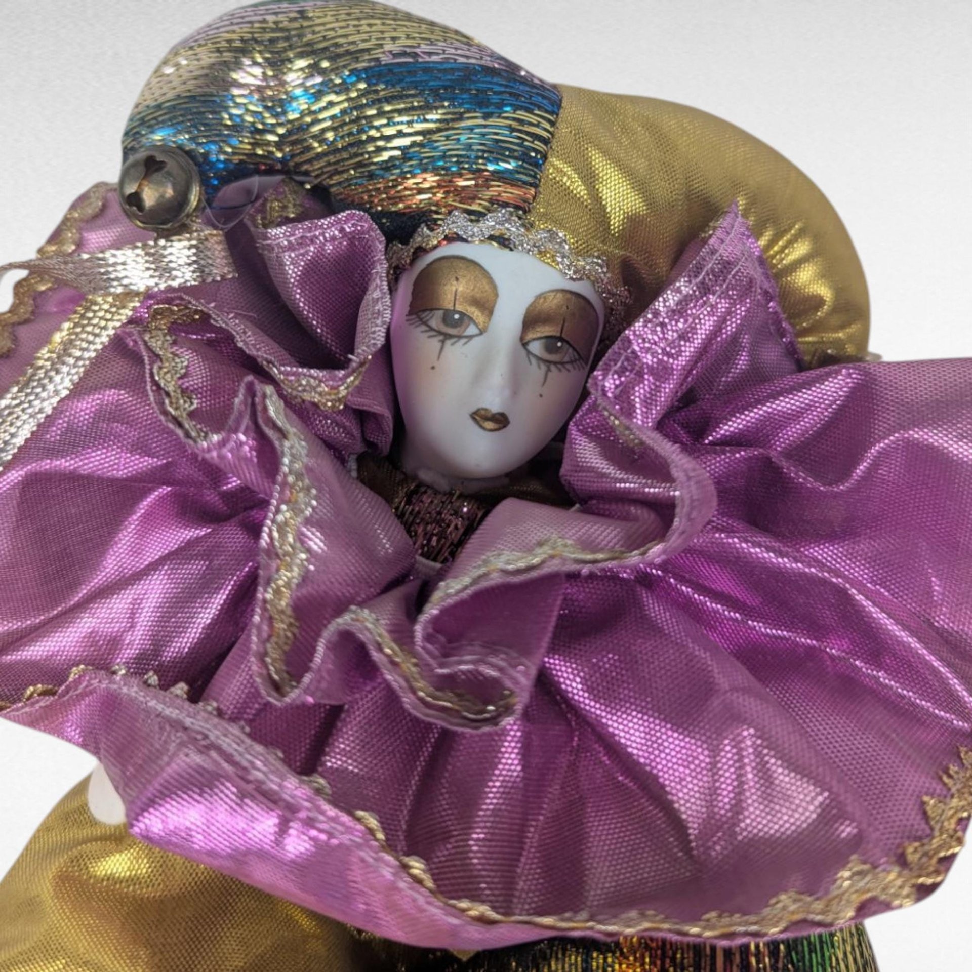 Vintage Gold Purple Jester Doll, Small Harlequin Figurine, Elegant Clown Decor