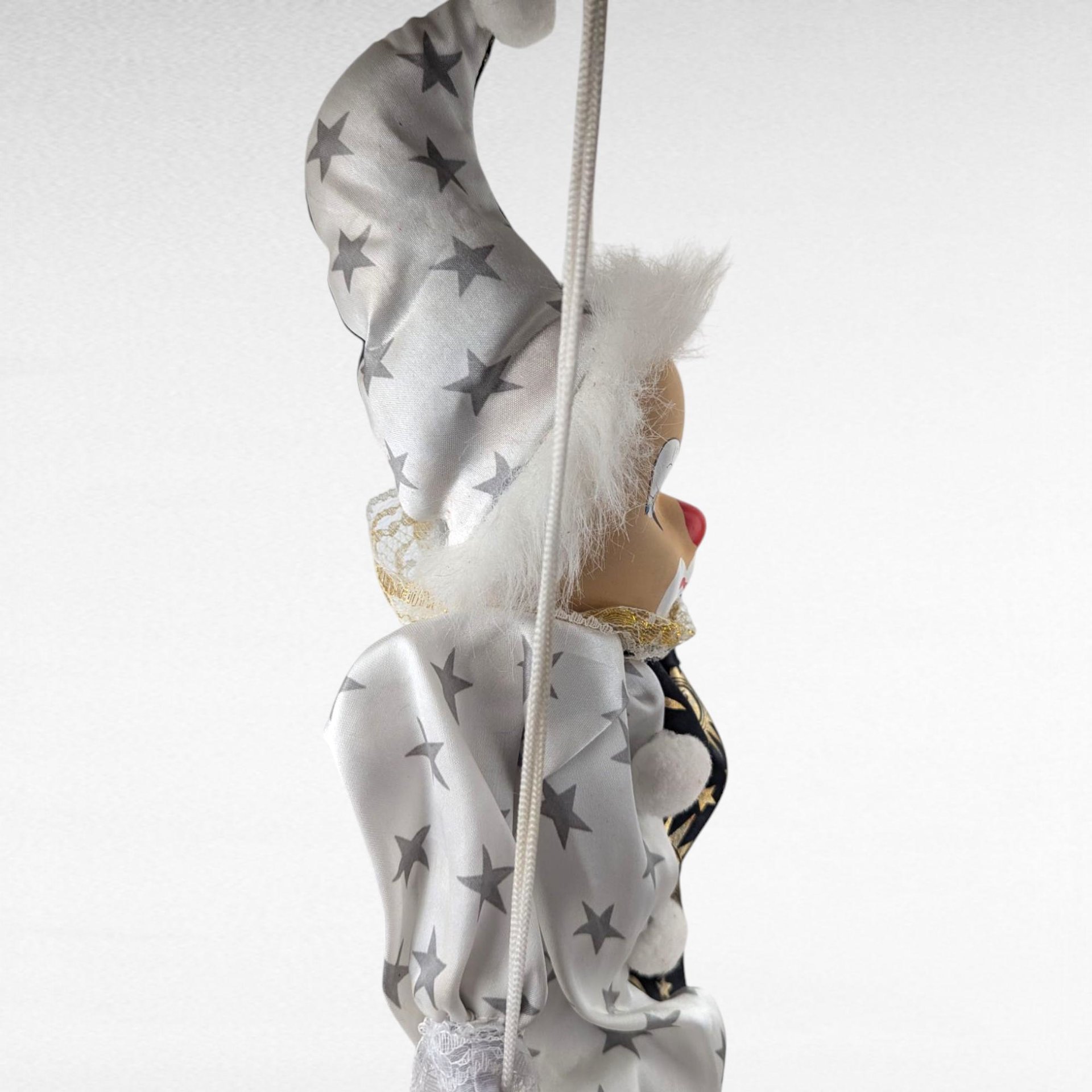 Vintage Moon and Stars Clown Doll, Black White Porcelain Swing Figure, Celestial Circus Decor, Collectible