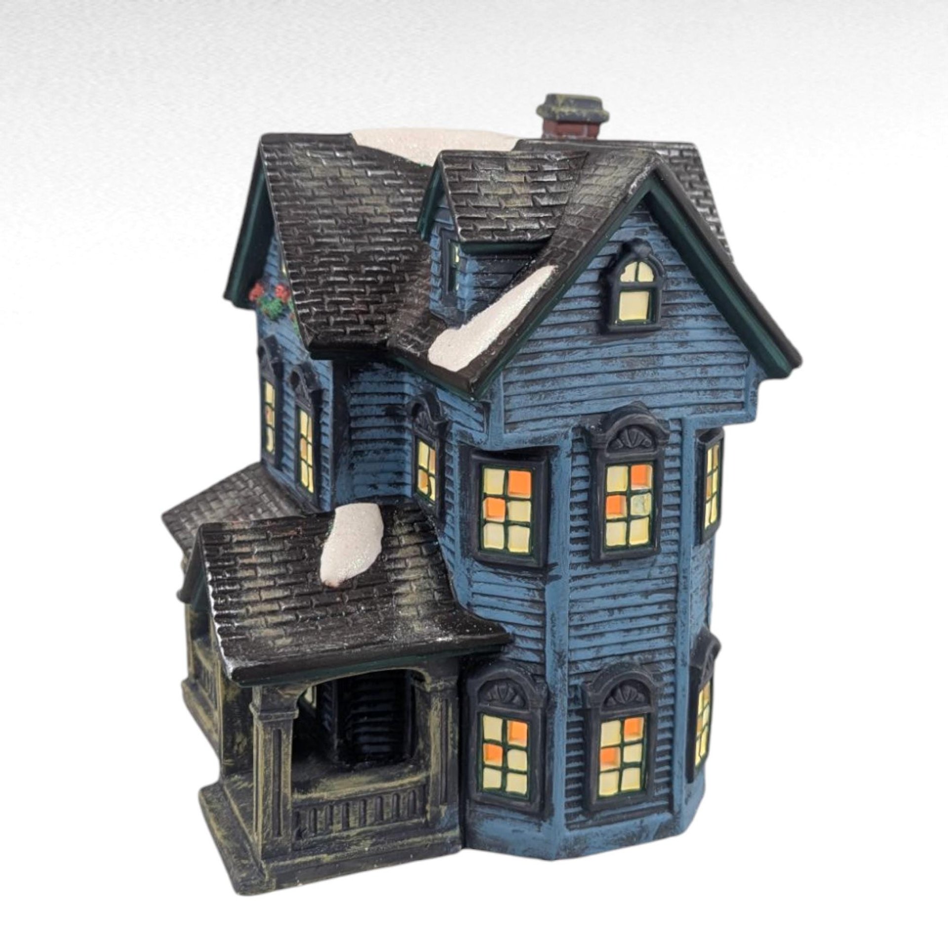 Vintage O'Well Lighted Blue Christmas Village House, Ceramic Holiday Home Decor, Collectible Two-Story Winter Scene Building