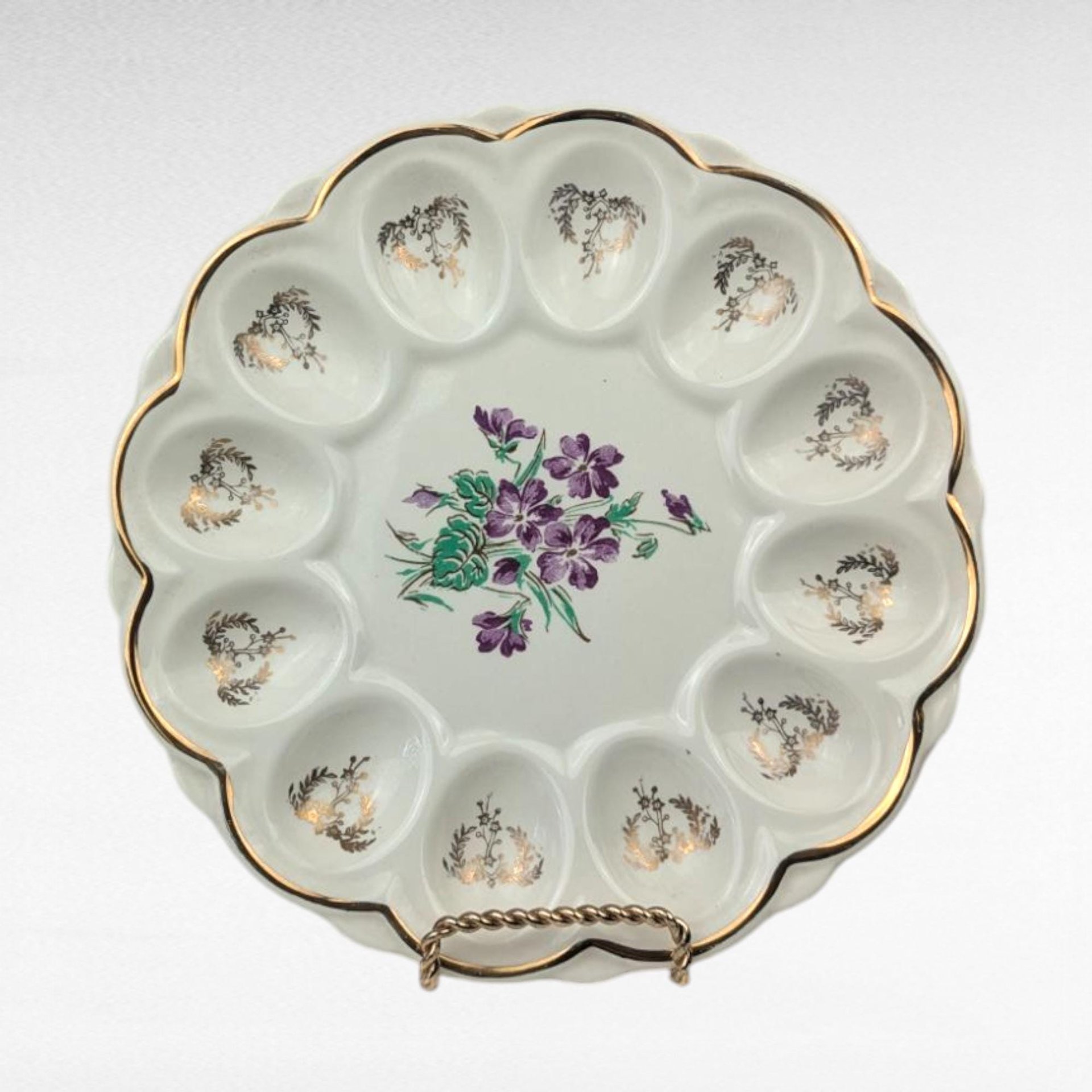 Vintage Ceramic Deviled Egg Tray, Plate, Purple Violets, Gold Trim, 9.25 Inch, Floral Appetizer Server, Holiday Entertaining