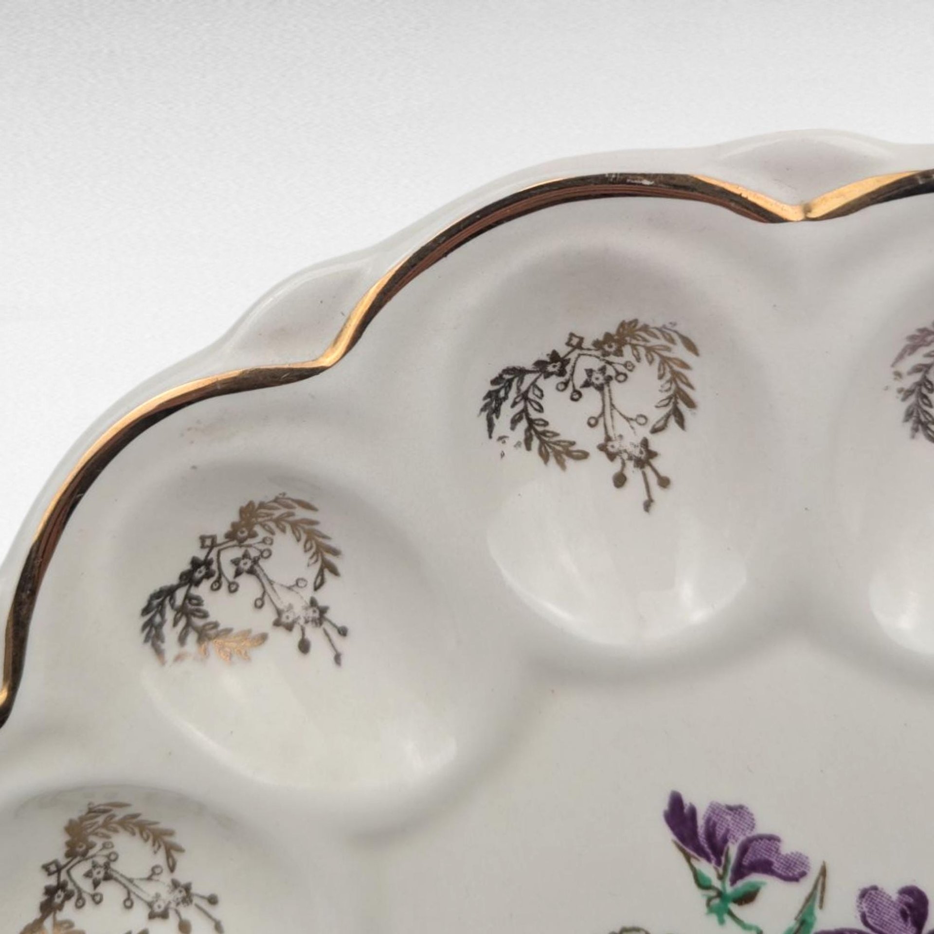 Vintage Ceramic Deviled Egg Tray, Plate, Purple Violets, Gold Trim, 9.25 Inch, Floral Appetizer Server, Holiday Entertaining