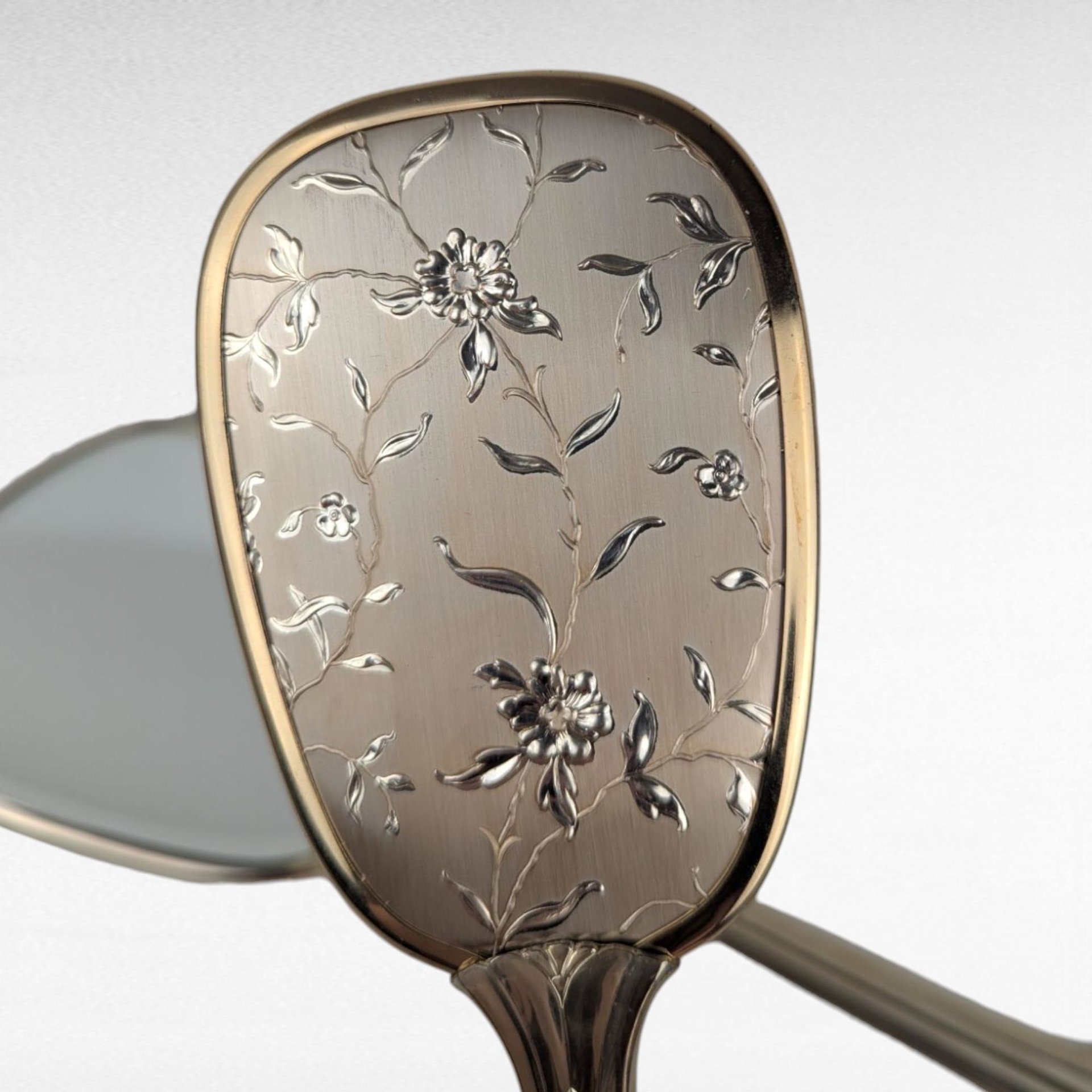 Vintage Vanity Mirror and Brush Set, Floral Engraved Dressing Table Set, Elegant Grooming Accessories, Unused Condition