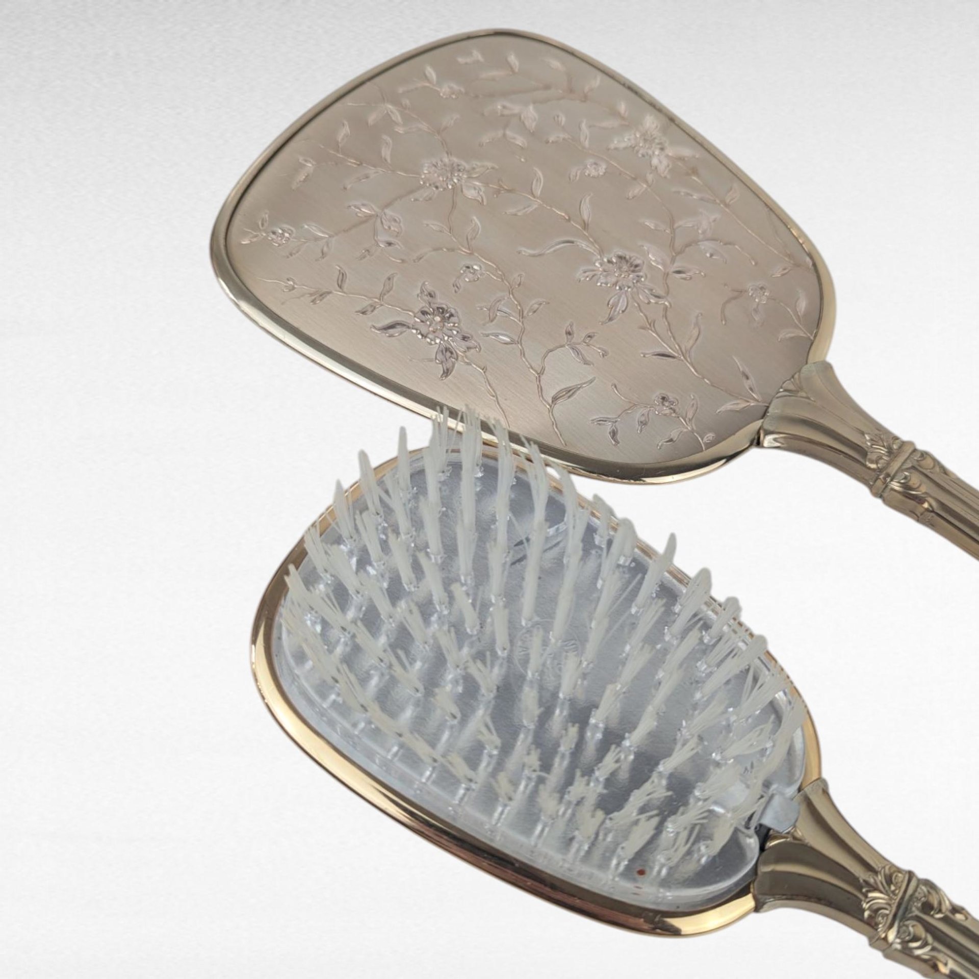 Vintage Vanity Mirror and Brush Set, Floral Engraved Dressing Table Set, Elegant Grooming Accessories, Unused Condition