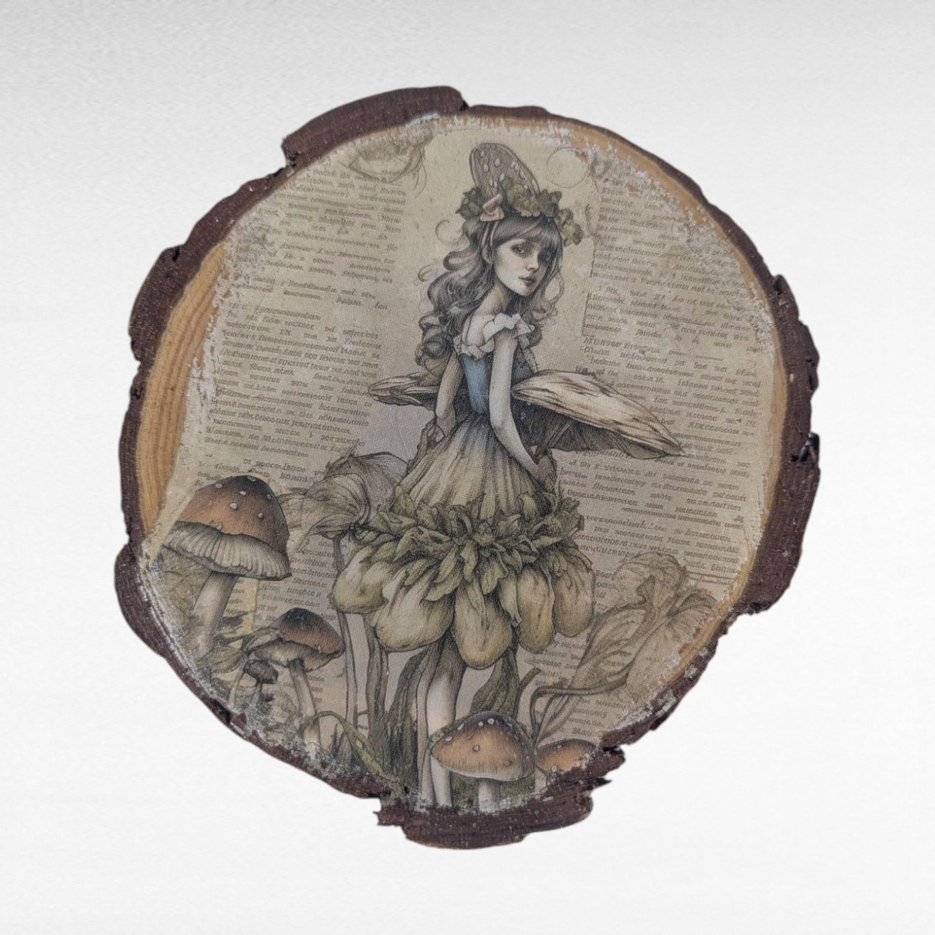Vintage Handmade Wood Slice Coasters Set of 6, Nature Fairy & Bird Transfer Designs, Rustic Drinkware, Woodland Cabin Decor Gift