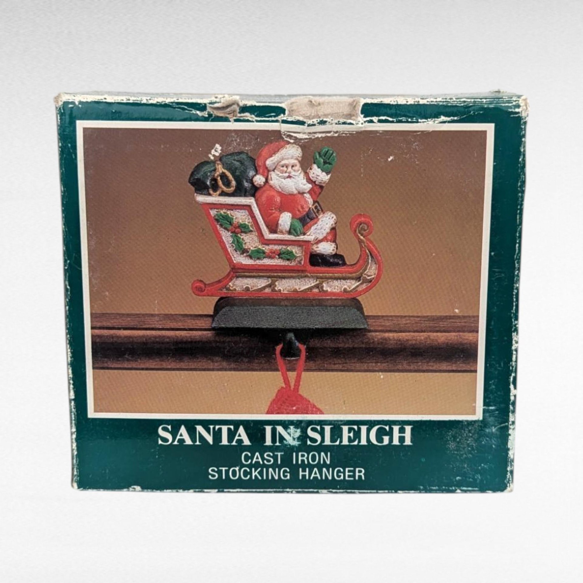 Vintage Midwest of Cannon Falls Cast Iron Santa Sleigh Stocking Holder, Christmas Mantle Decor, Collectible Waving Santa Hanger
