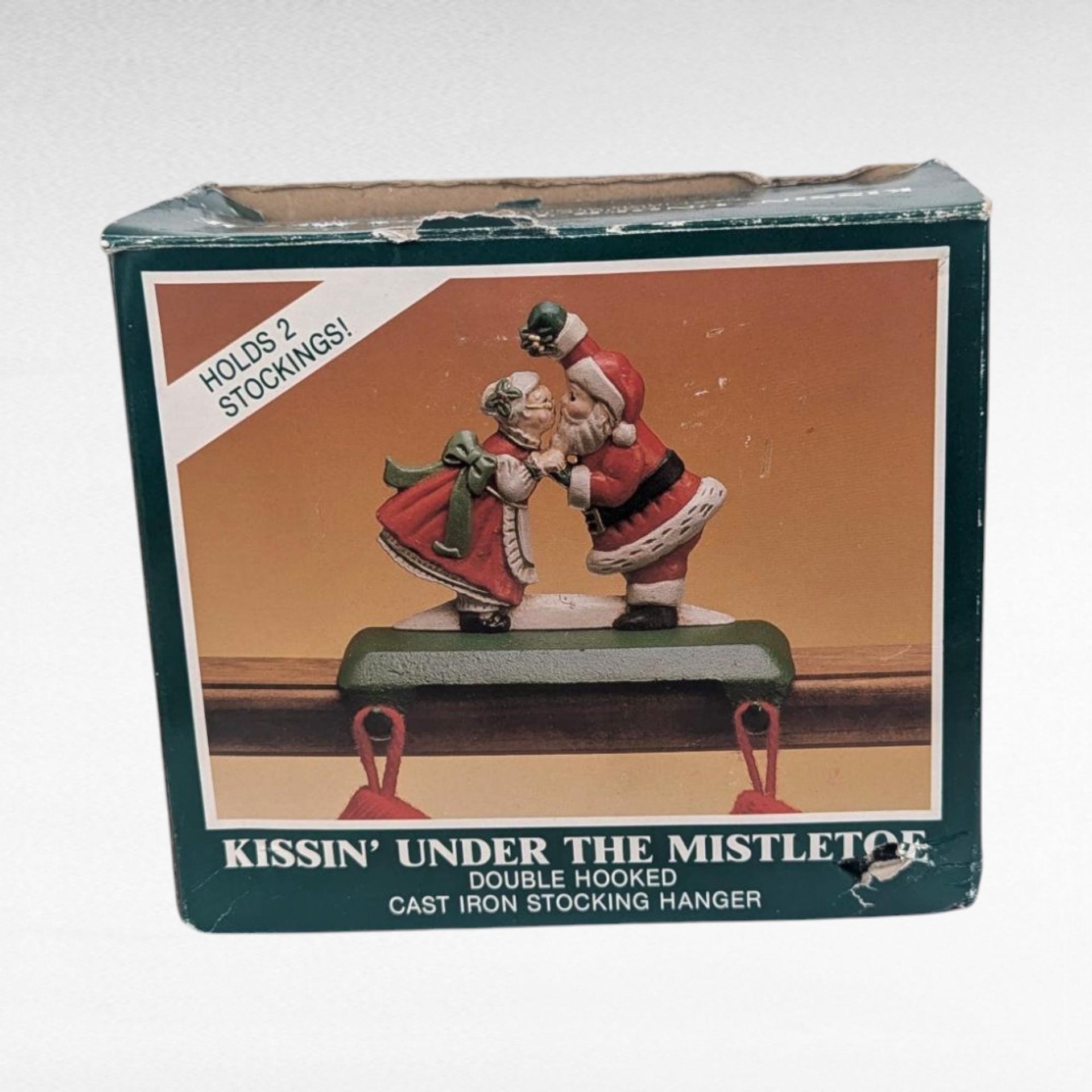 Vintage Midwest Cannon Falls Cast Iron Kissing Santa Mrs Claus Double Stocking Holder, Mistletoe Christmas Mantle Hanger Pair