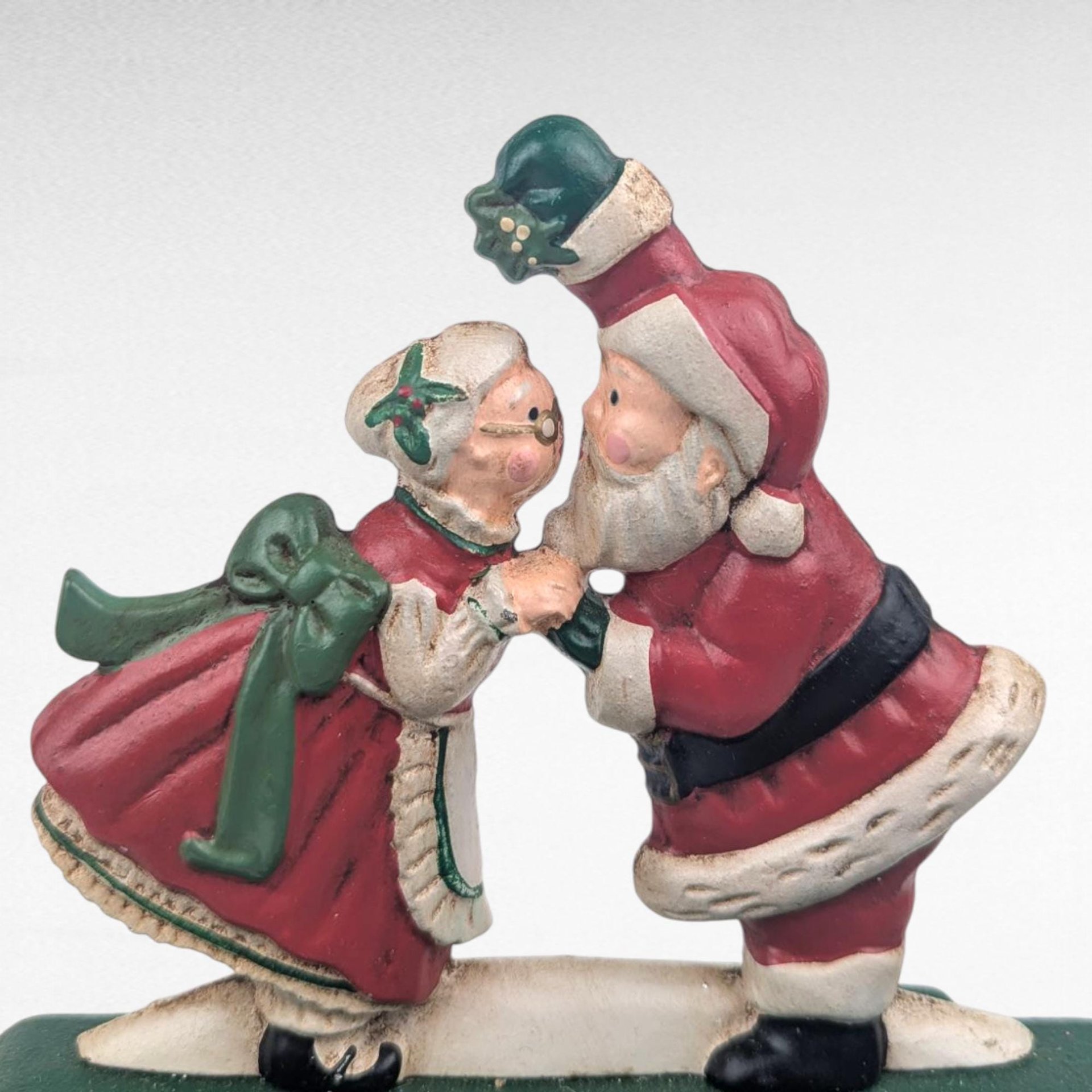 Vintage Midwest Cannon Falls Cast Iron Kissing Santa Mrs Claus Double Stocking Holder, Mistletoe Christmas Mantle Hanger Pair
