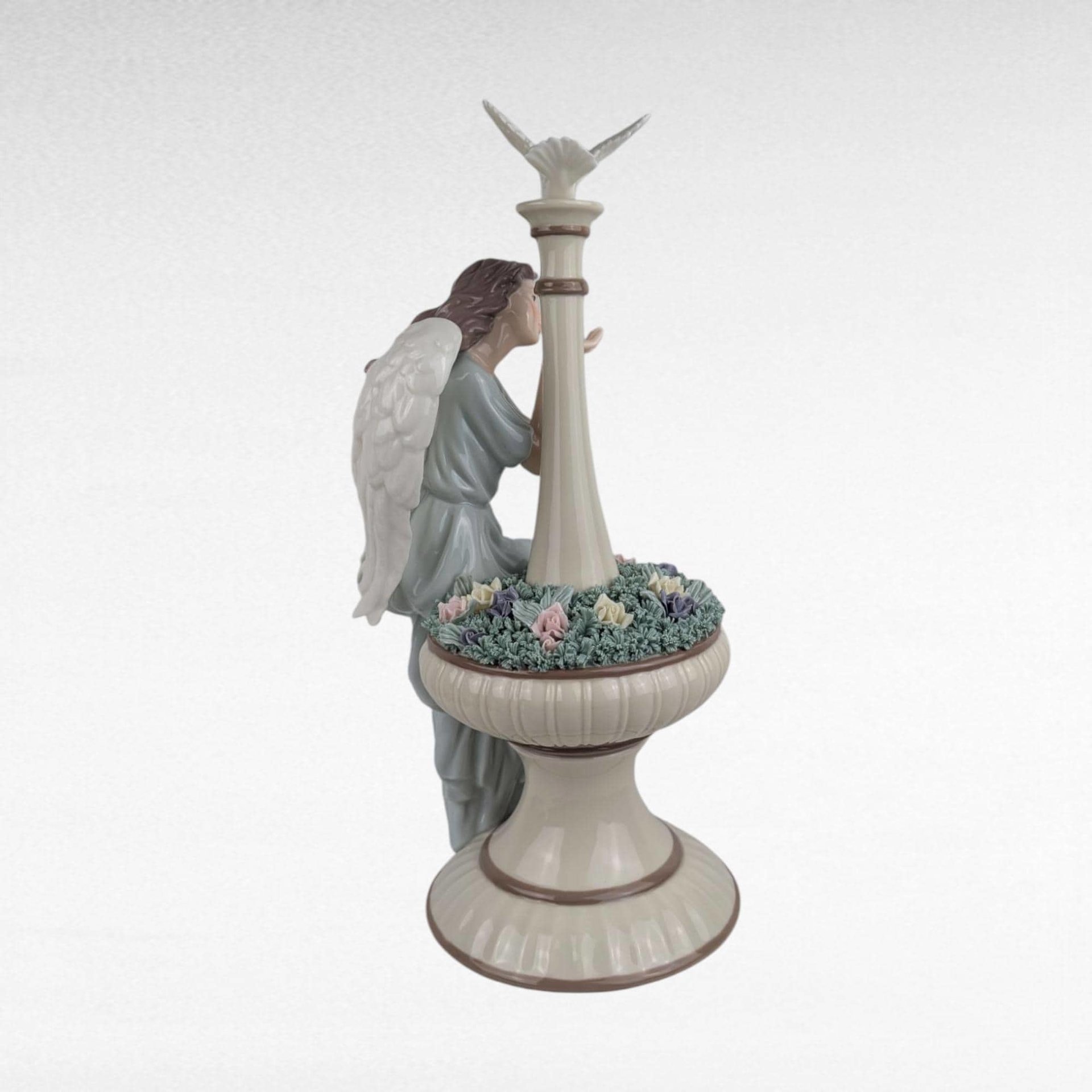 2002 Grandeur Noel Porcelain Angel with Dove & Fountain Figurine 13.5" Boxed, Christmas Serenity Decor, Inspirational Gift