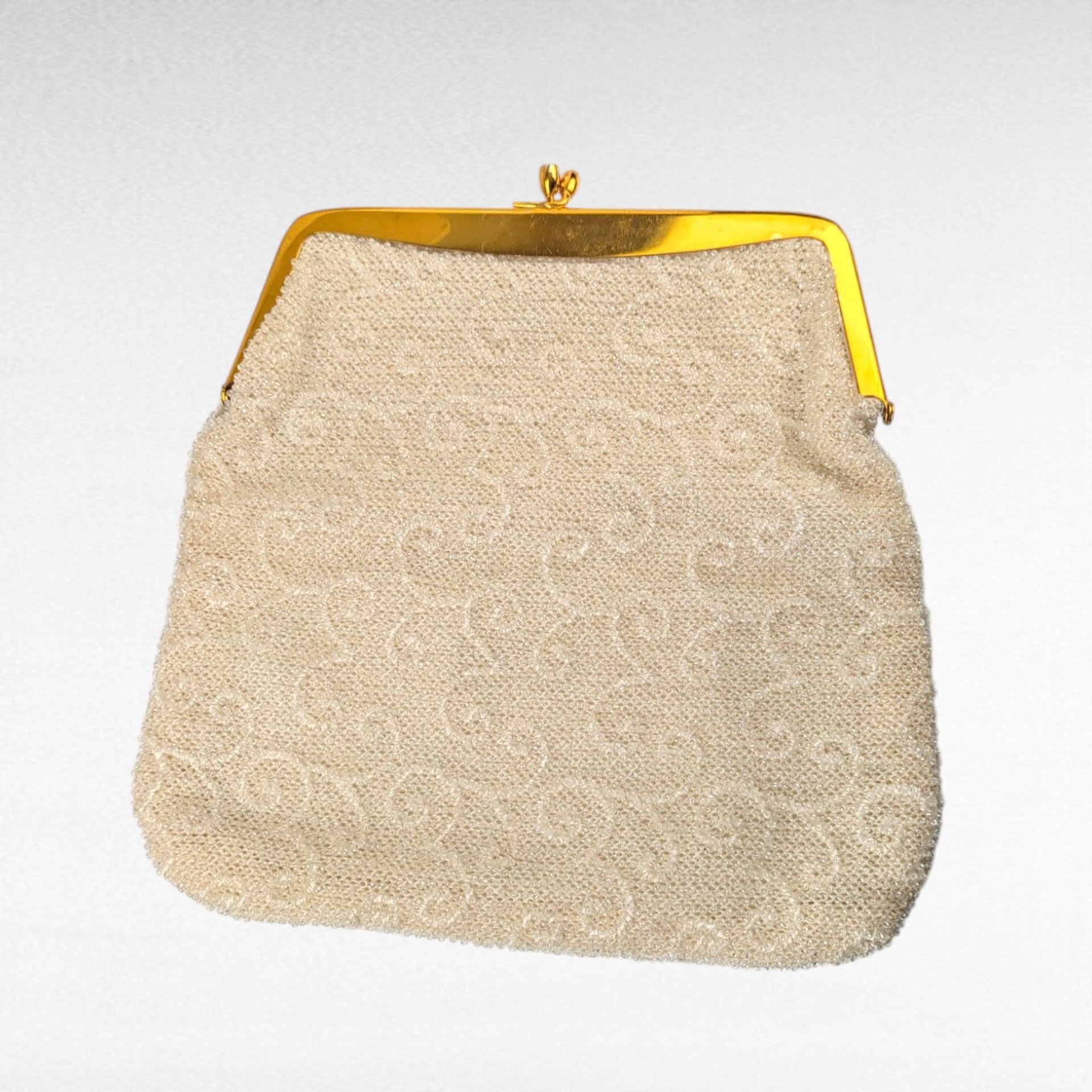 Vintage Beaded Clutch Purse, 1950s 60s White Scroll Handbag, Gold Frame Evening Bag, Gift for Her