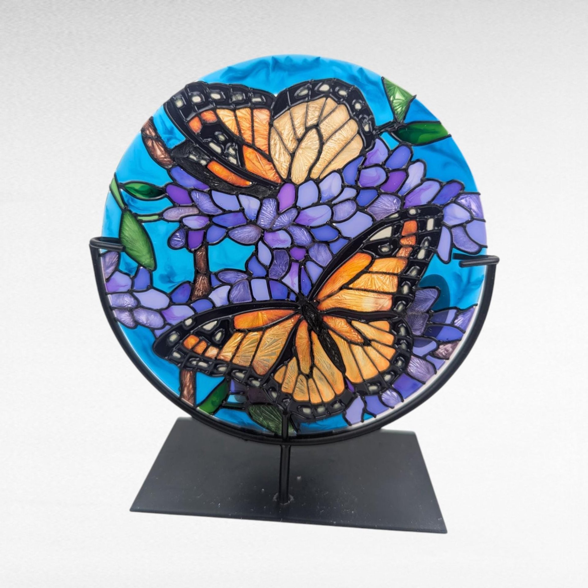 Vintage Joan Baker Designs Handpainted Glass Candle Holder, Monarch Butterfly Art Disc with Stand, Stained Glass Style Home Decor