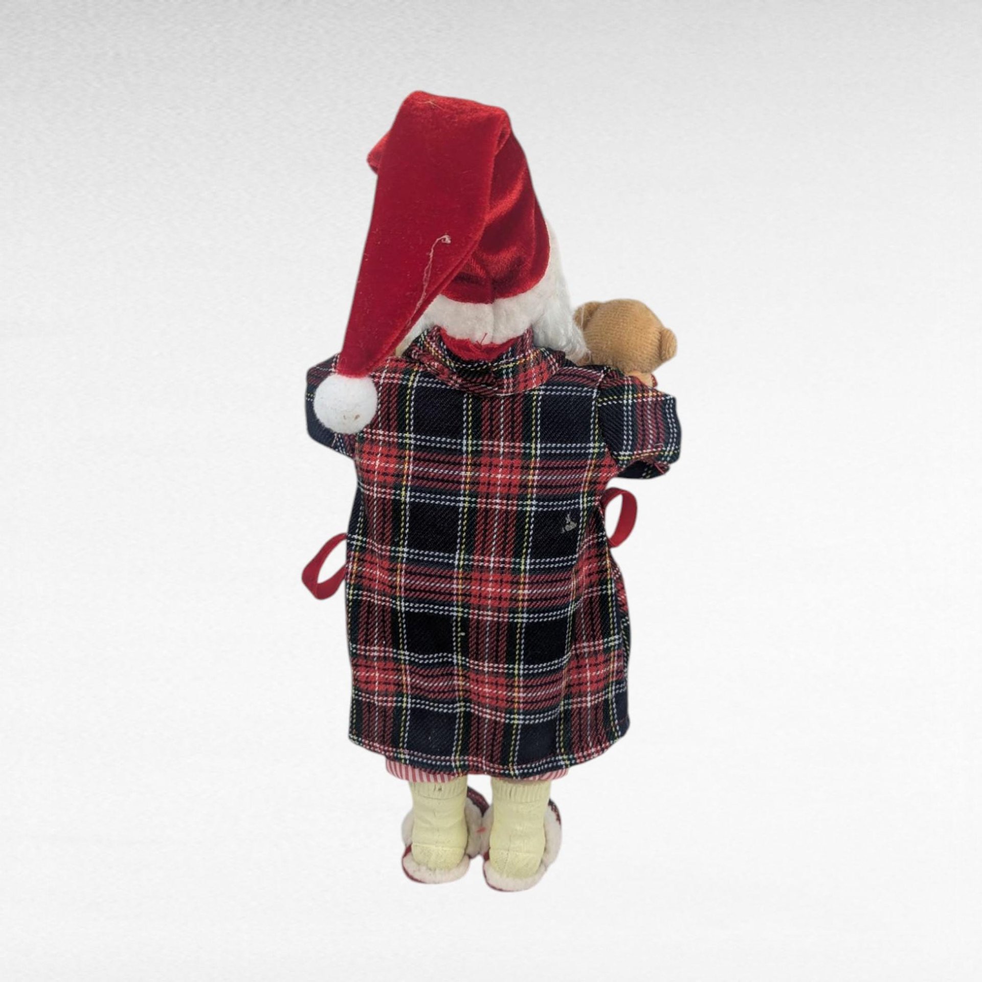 Vintage Standing Santa Claus Figure with Plaid Robe, Christmas Decor Santa Holding Book & Teddy Bear, Holiday Mantel Decoration