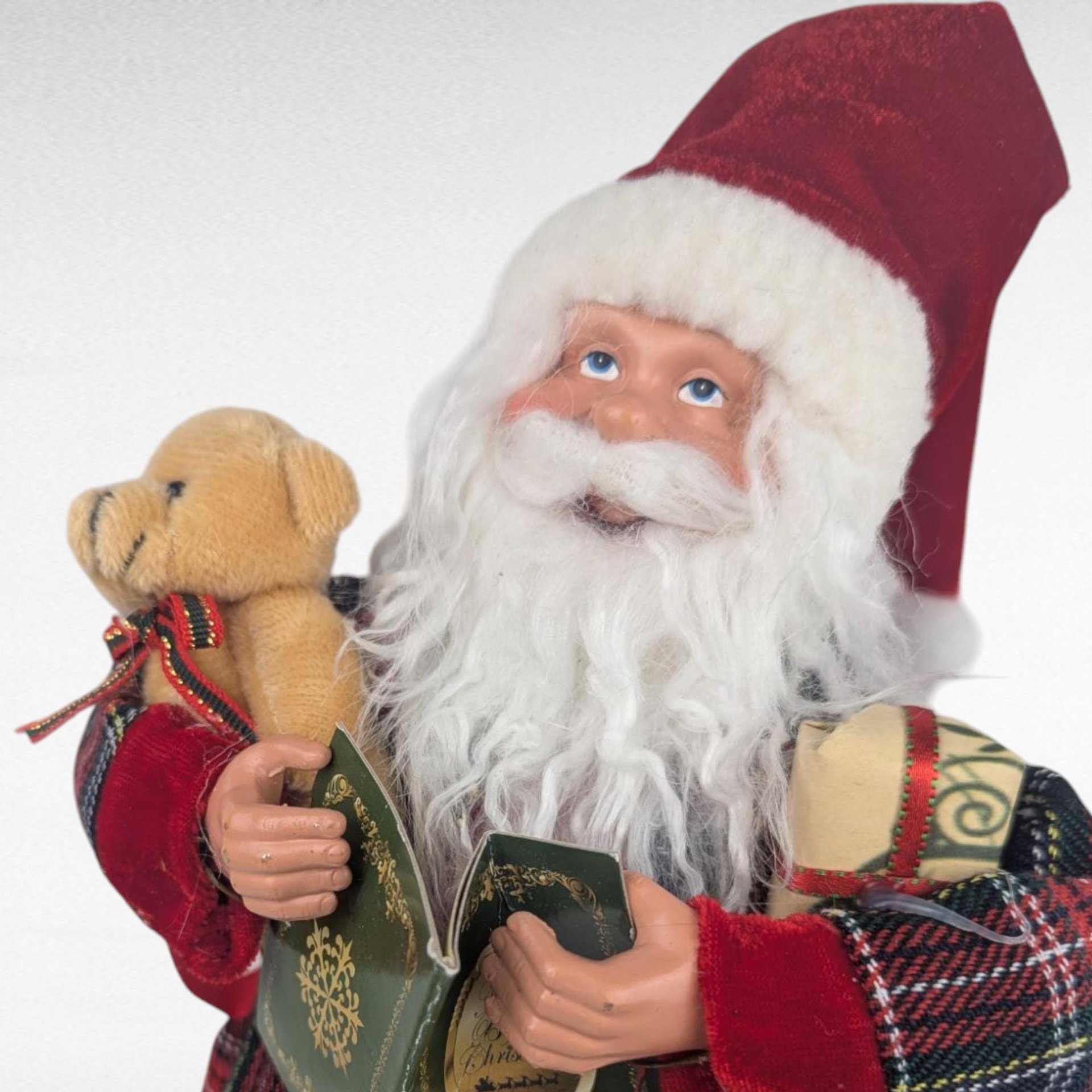 Vintage Standing Santa Claus Figure with Plaid Robe, Christmas Decor Santa Holding Book & Teddy Bear, Holiday Mantel Decoration
