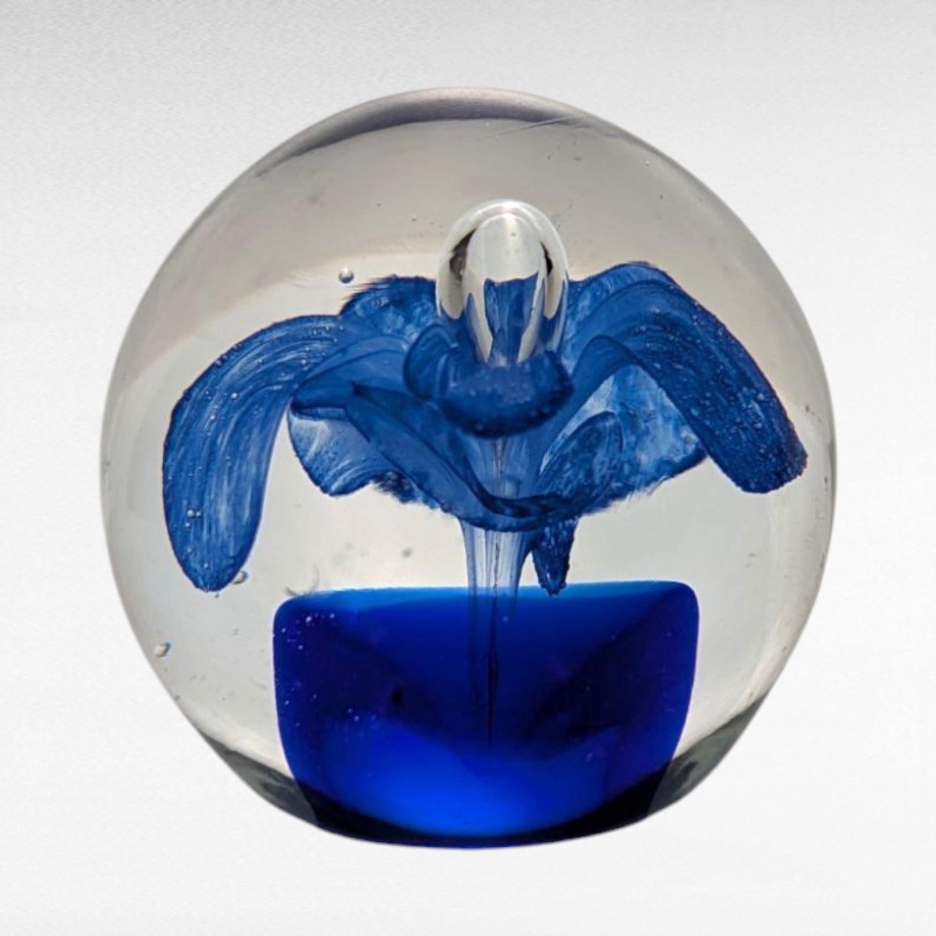 Vintage Clear Glass Paperweight, Blue Flower Center, 2.25" Round, Floral Desk Accessory, Collector Gift, Art Glass Bloom