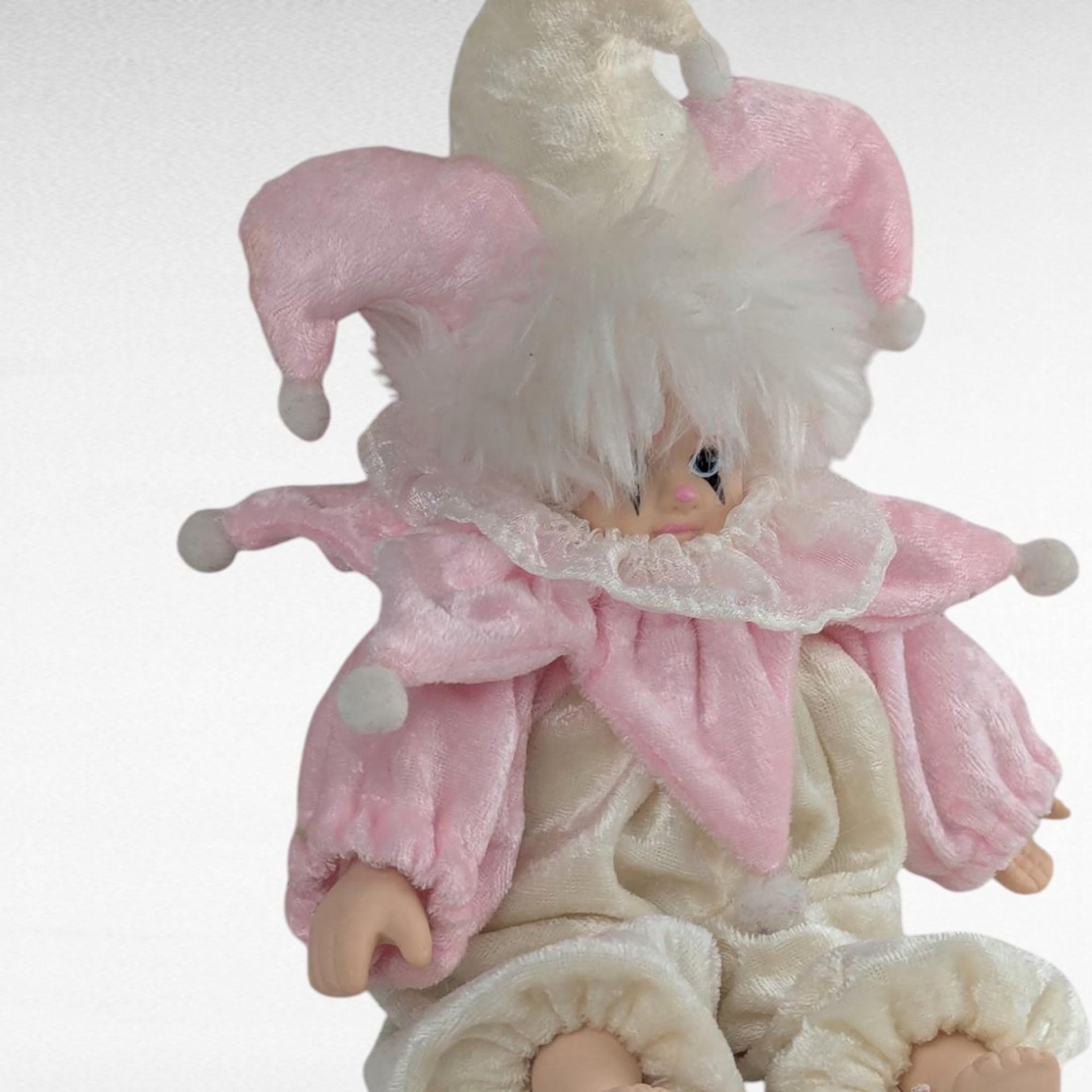 Vintage Porcelain Jester Doll, Pink White Clown Baby, Collectible Figurine, Nursery Decor, Unique Gift