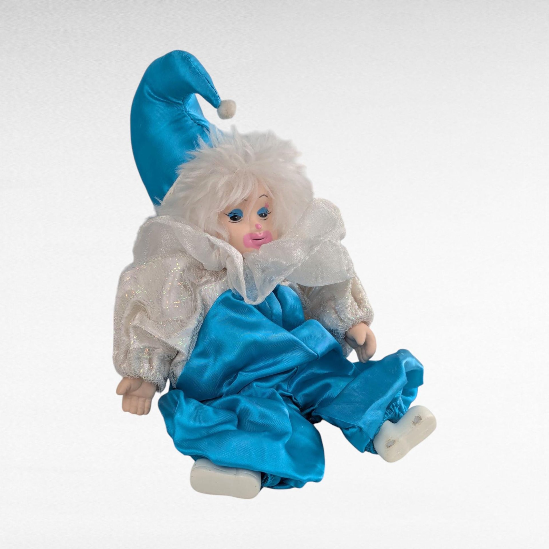 Vintage Porcelain Jester Doll, Blue White Clown Figurine, Collectible Display Doll, Unique Decor, Whimsical Gift
