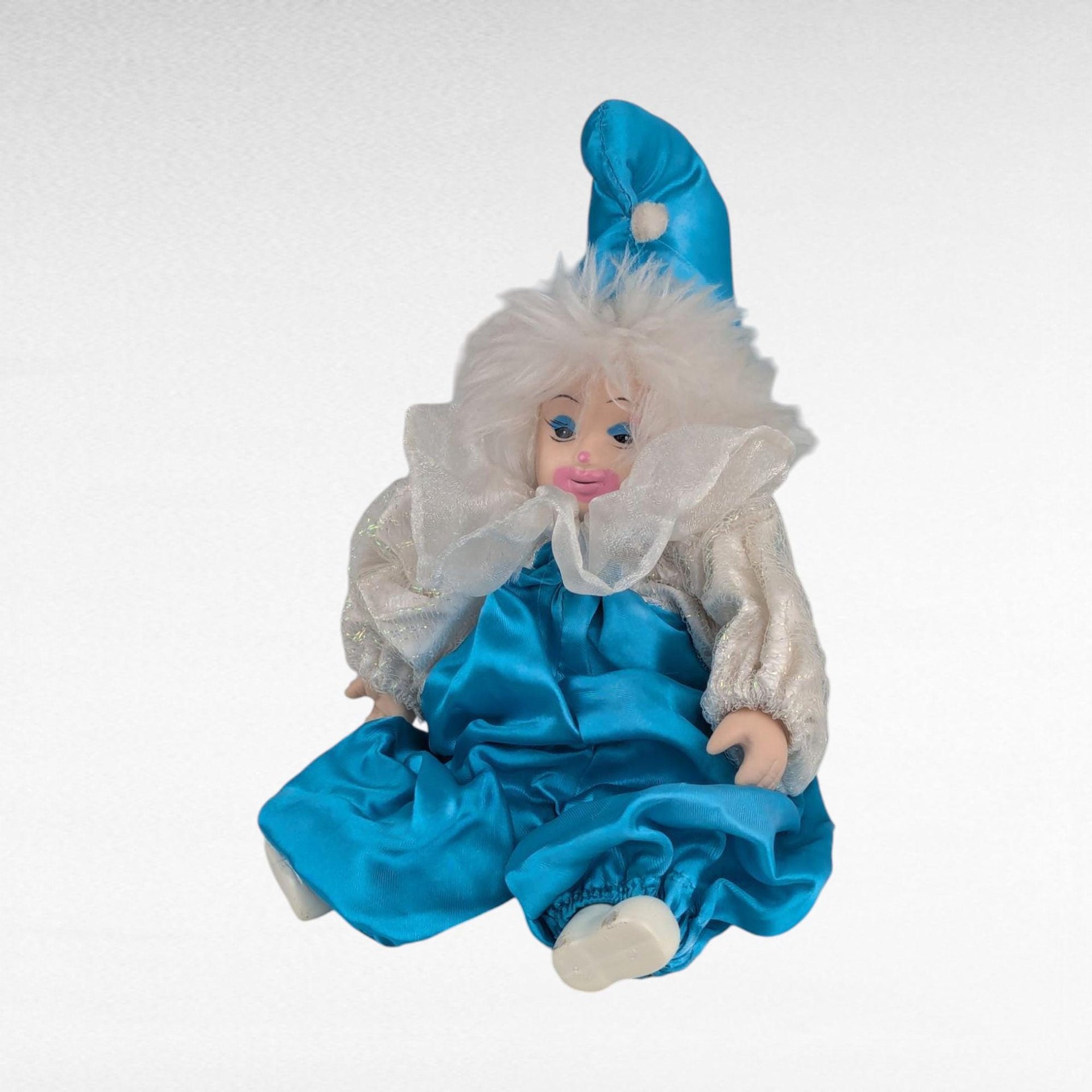 Vintage Porcelain Jester Doll, Blue White Clown Figurine, Collectible Display Doll, Unique Decor, Whimsical Gift