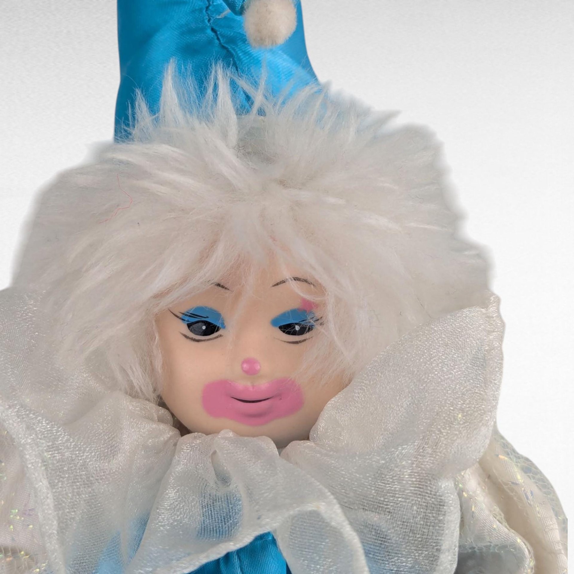 Vintage Porcelain Jester Doll, Blue White Clown Figurine, Collectible Display Doll, Unique Decor, Whimsical Gift