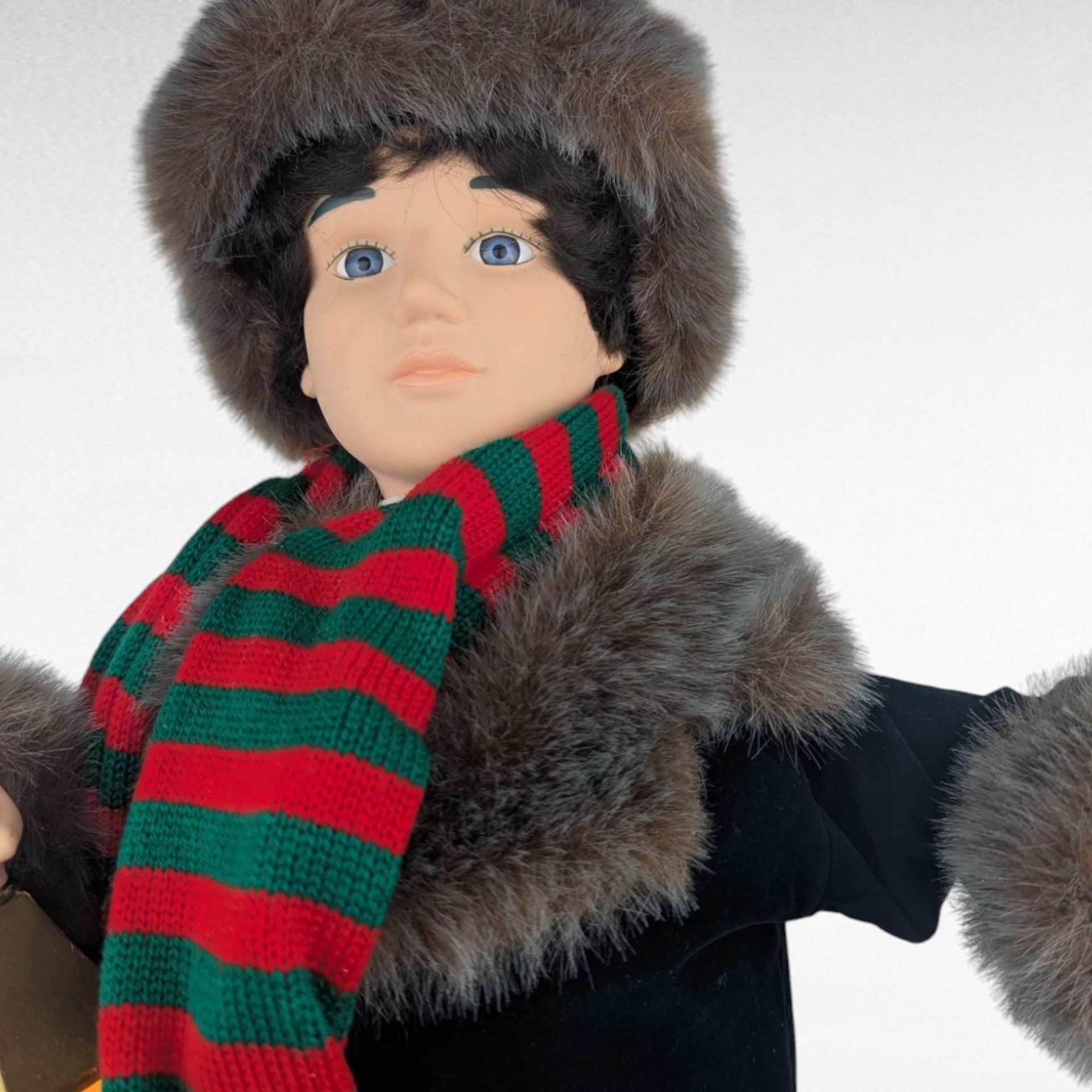 1996 Telco Animated Caroler Boy Figure with Lantern, 25 Inch Light Up Moving Christmas Holiday Display, Winter Fur Trim Coat Decor