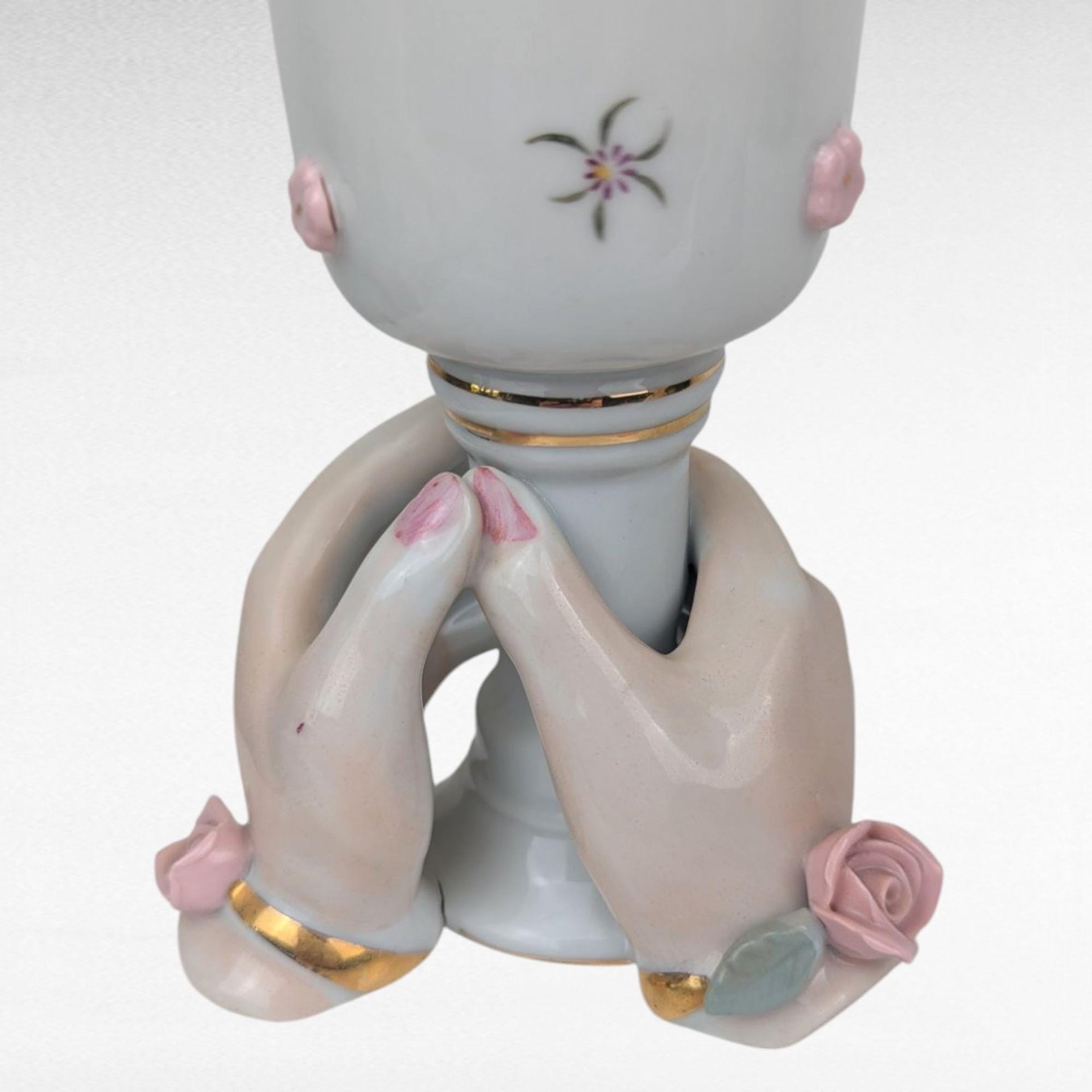 Vintage Pair of Ceramic Hands Holding Candle Holders, Vases, Pink Roses, Gold Trim, Mid Century, Vanity Decor, Shabby Chic, Figural