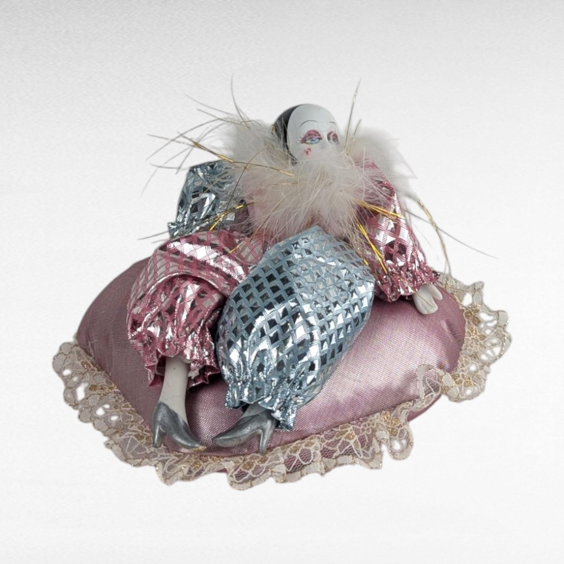 Small Vintage Harlequin Doll, Heart Pillow, Collectible Pierrot, Decor