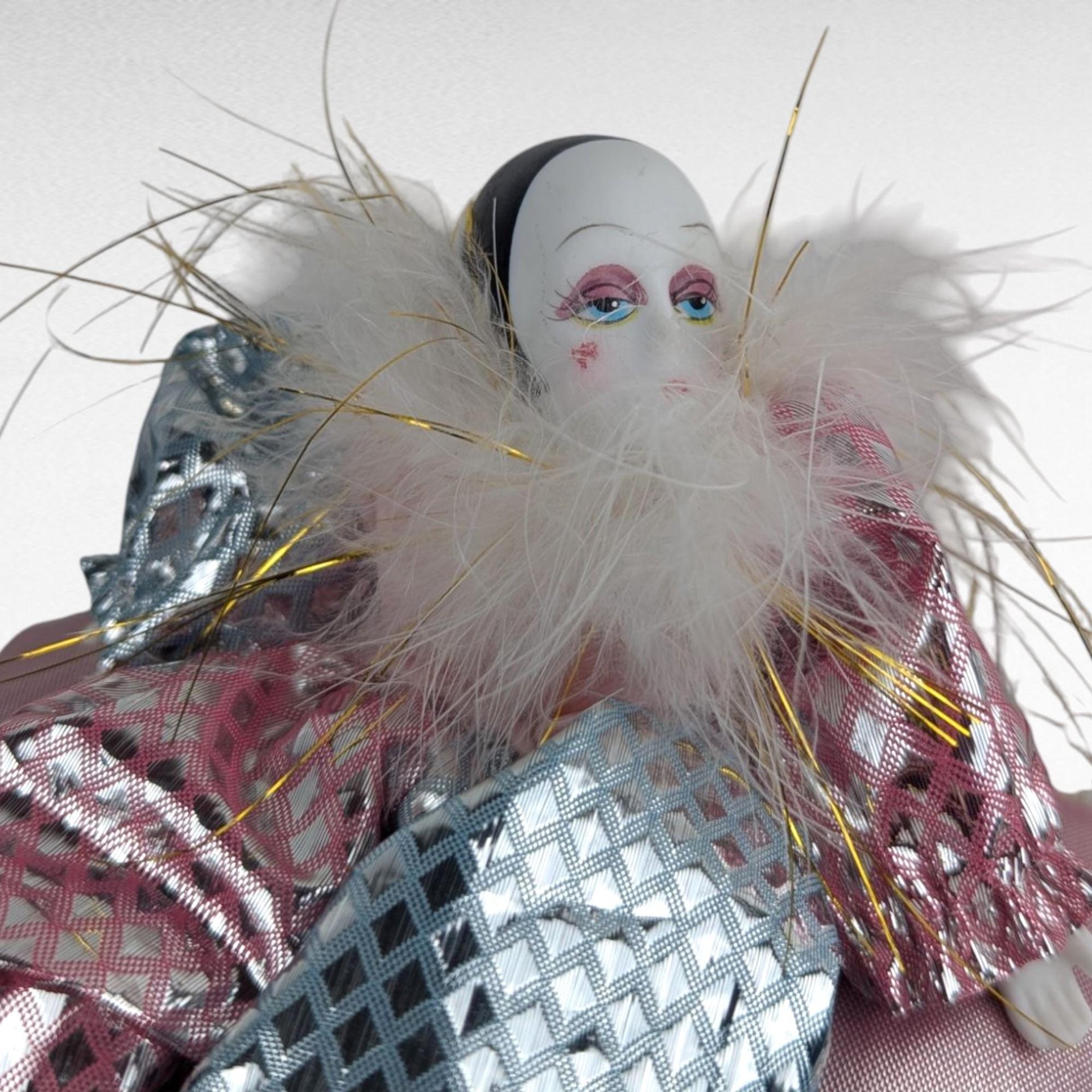 Small Vintage Harlequin Doll, Heart Pillow, Collectible Pierrot, Decor